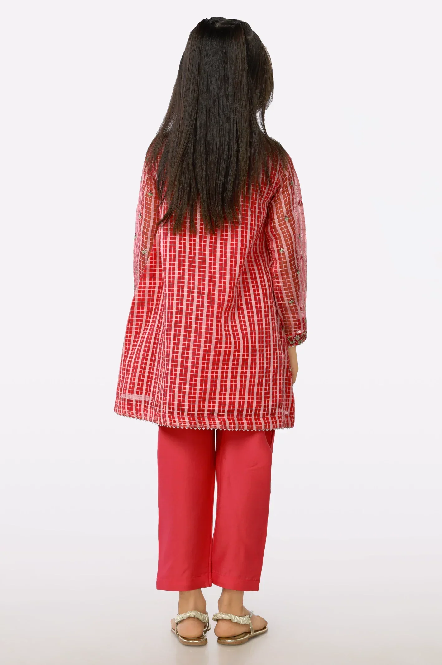Pink Check Organza Embroidered Girls 2PC Suit - Image 4