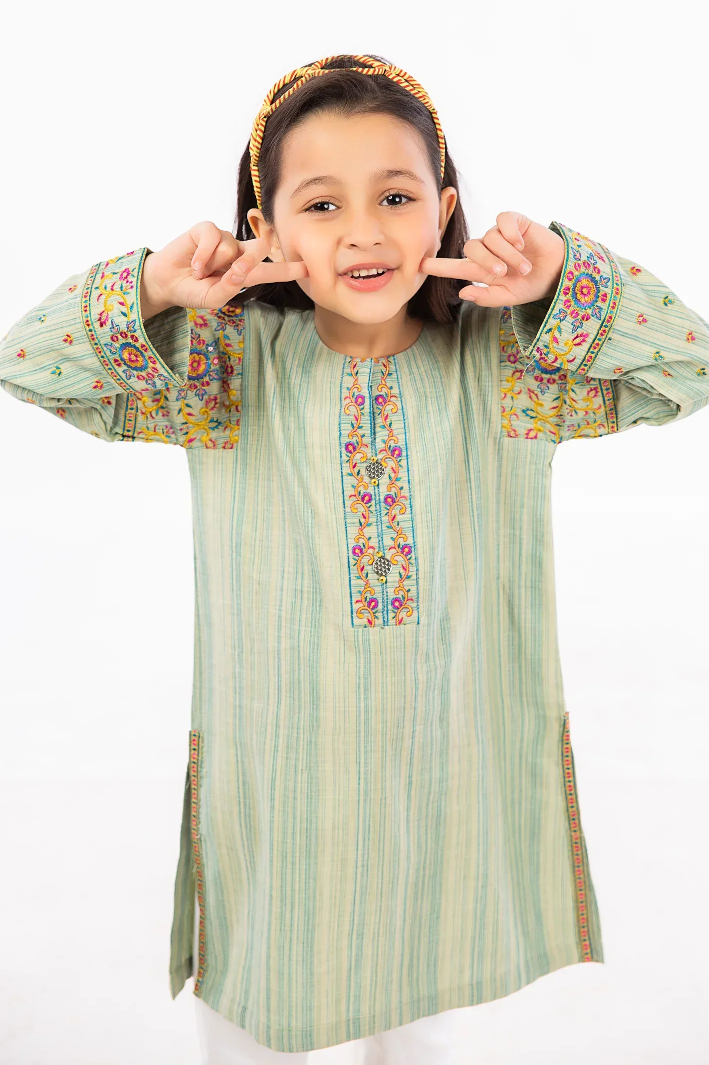 Yarn Dyed Green Girls Embroidered Kurti - Image 2