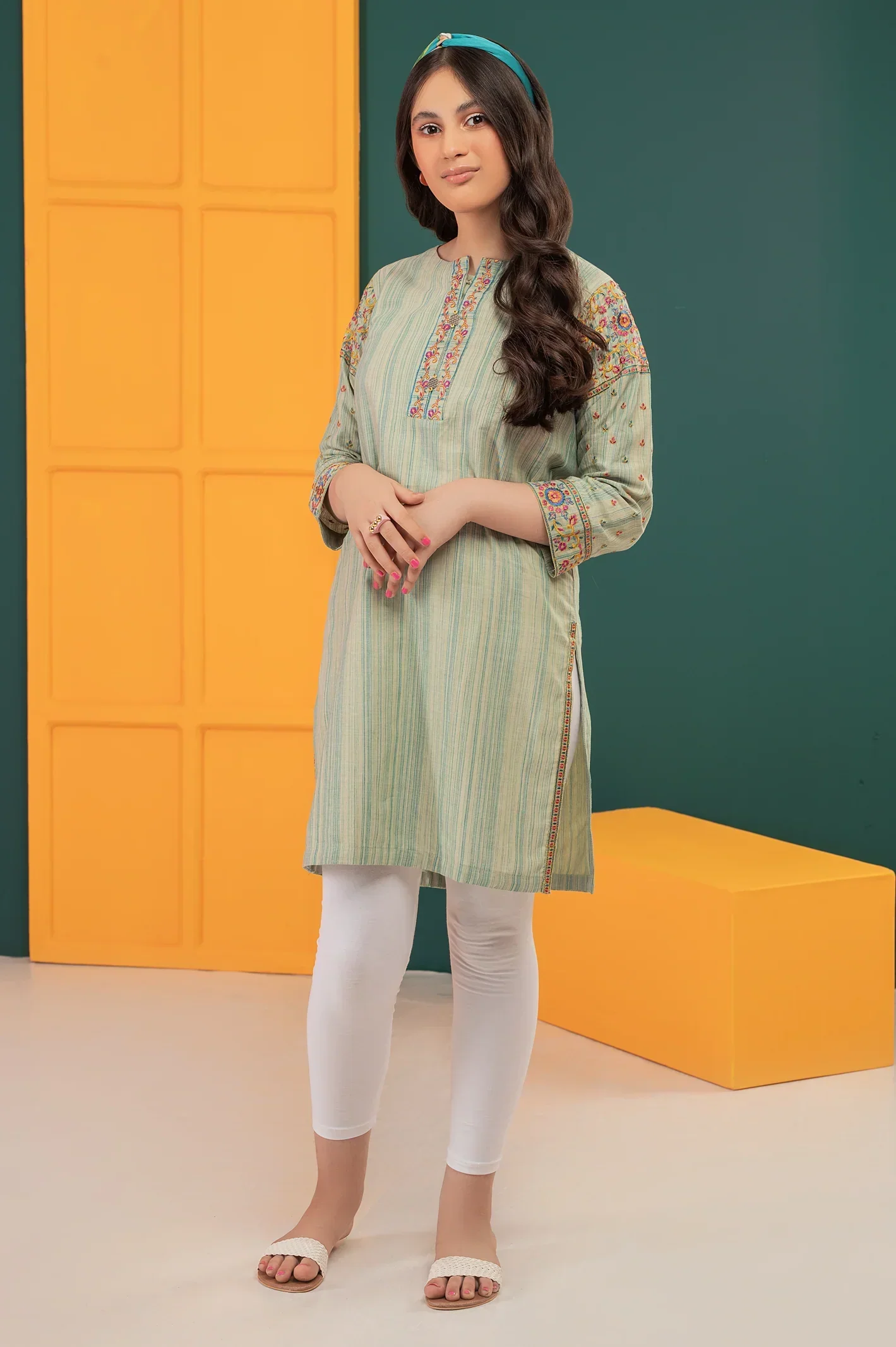Yarn Dyed Green Girls Embroidered Kurti - Image 3