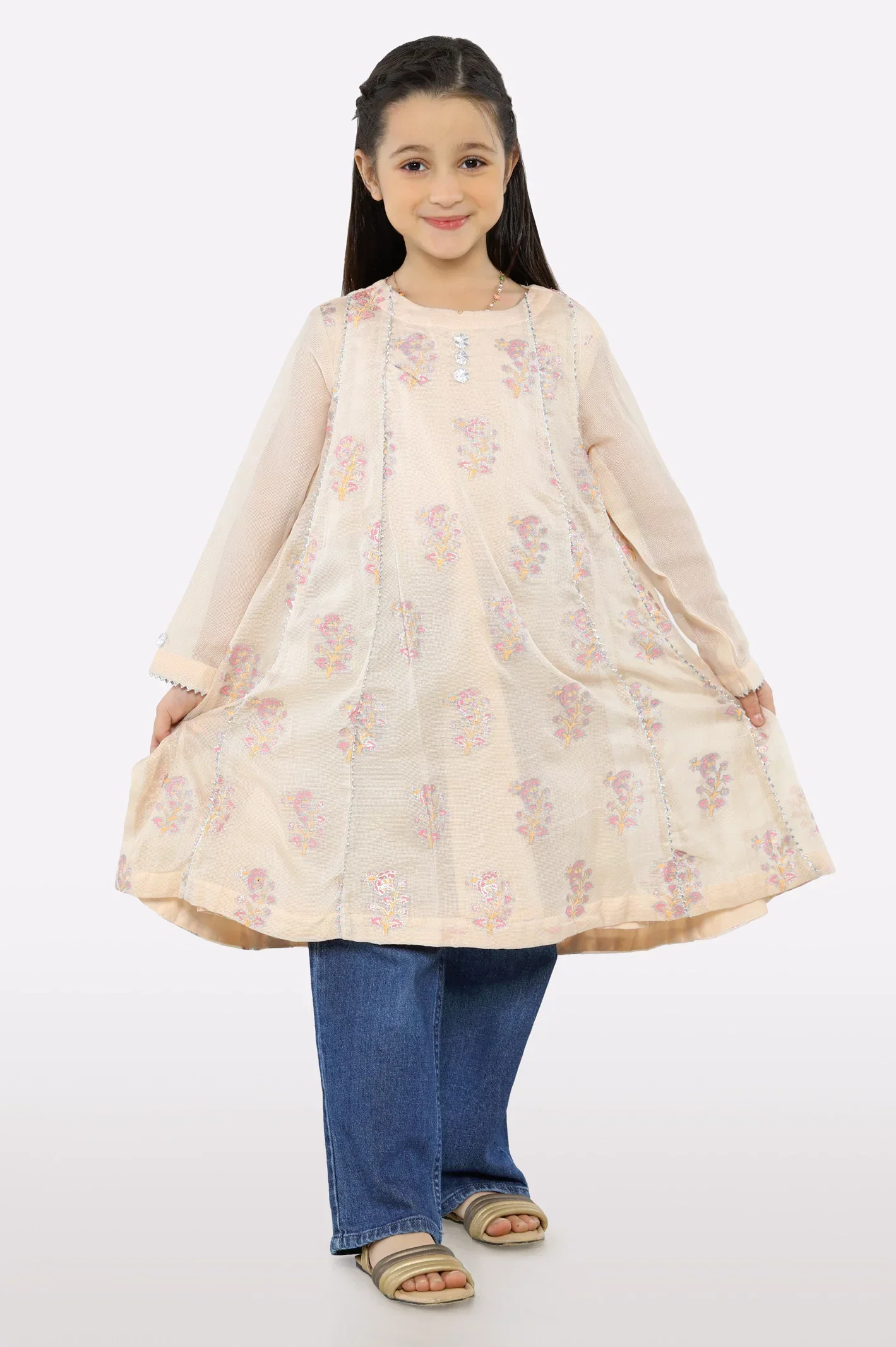Beige Block Printed Girls Kurti - Image 2