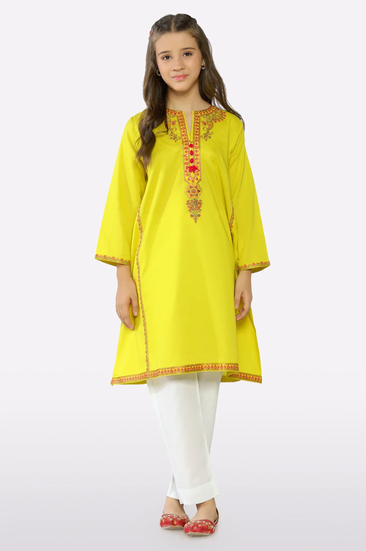Yellow Embroidered Girls Kurti - Image 2