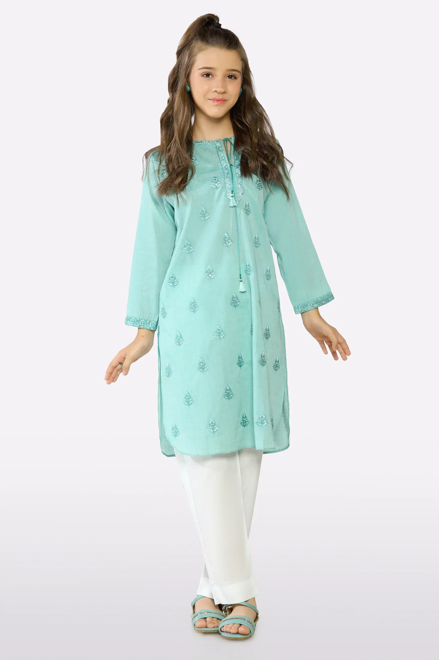 Sea Green Embroidered Girls Kurti - Image 2