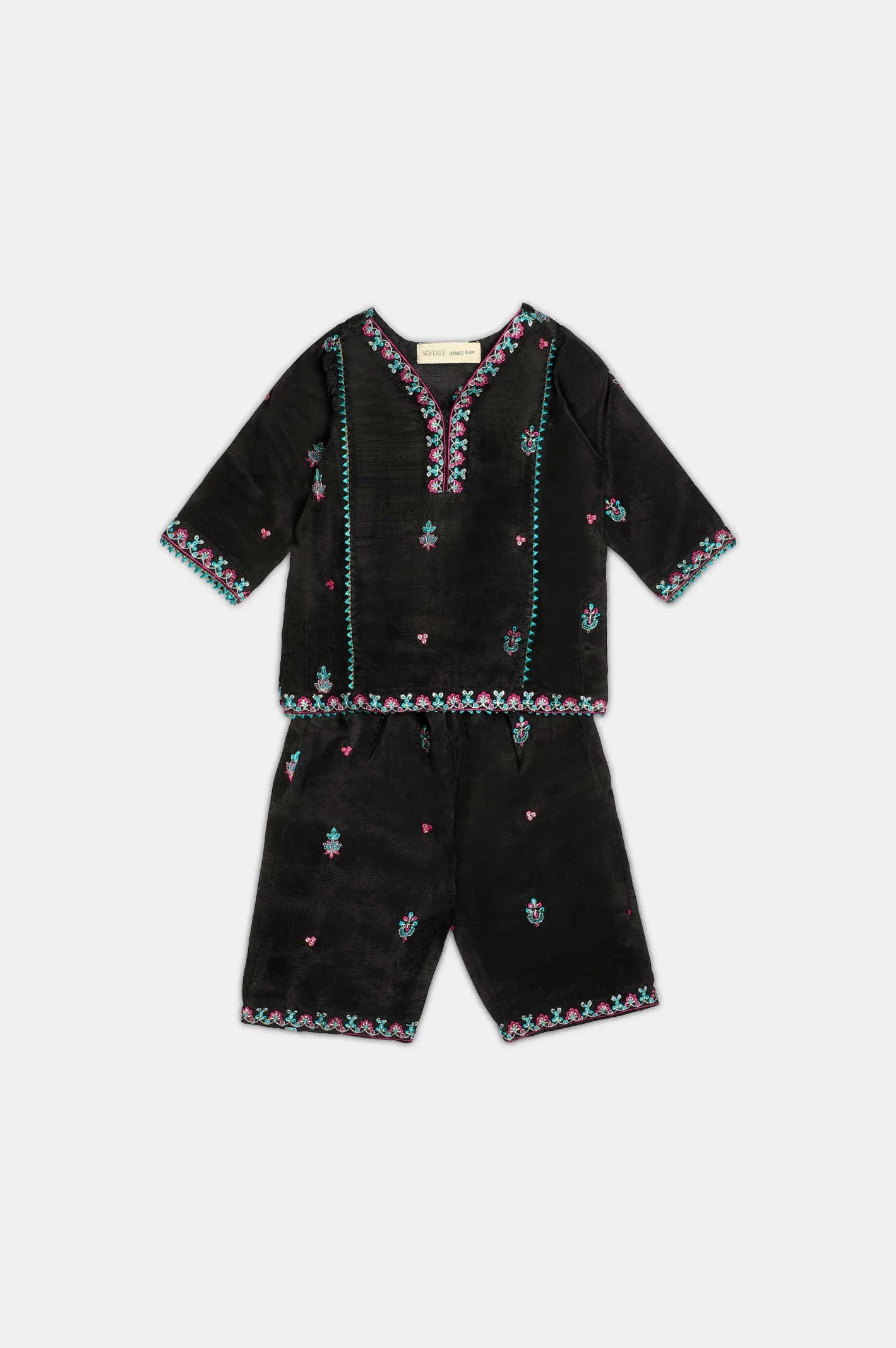 Embroidered Raw Silk-Black Infant 3PC