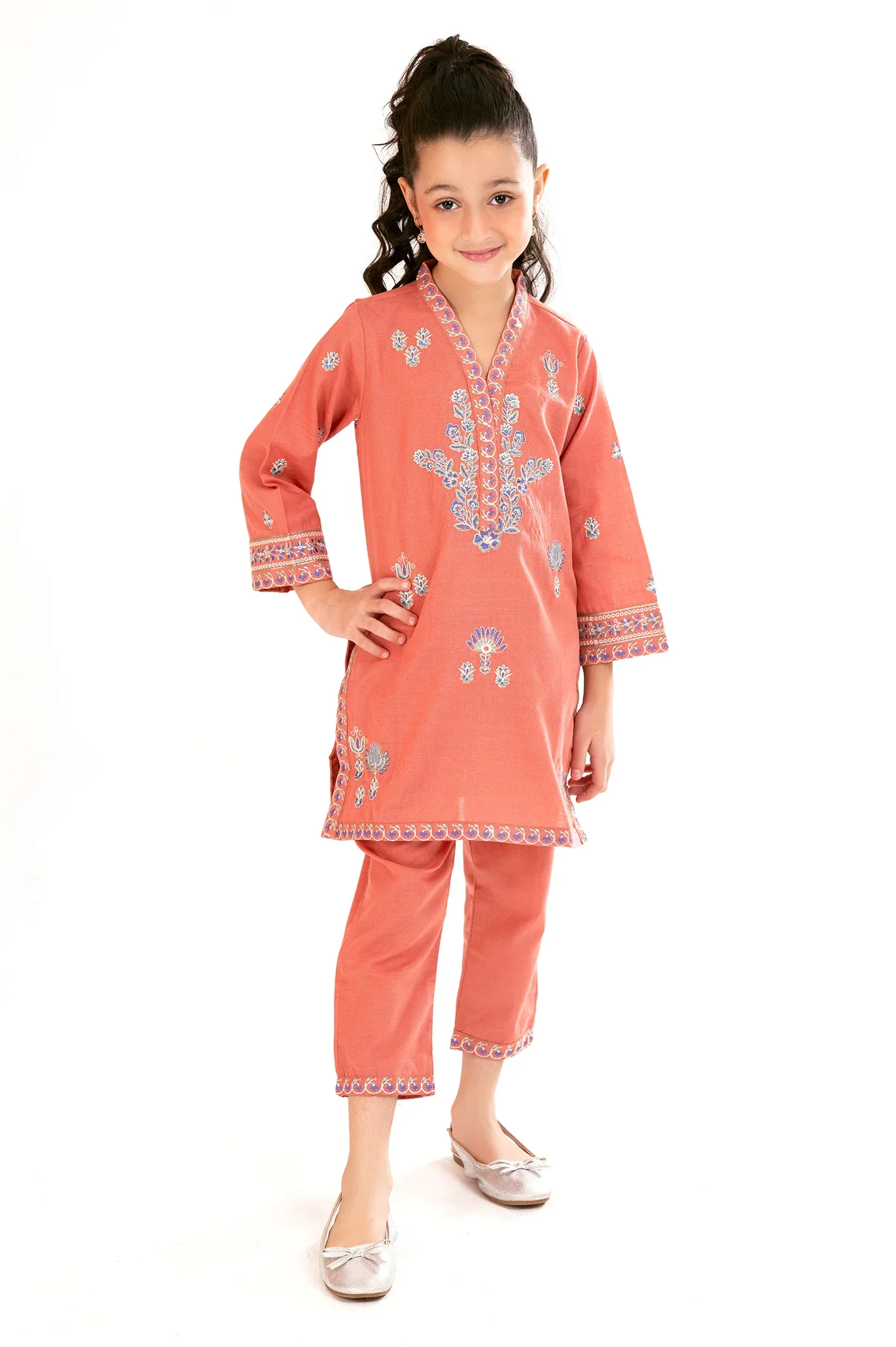 Embroidered Khaddar-Peach Girls 2PC