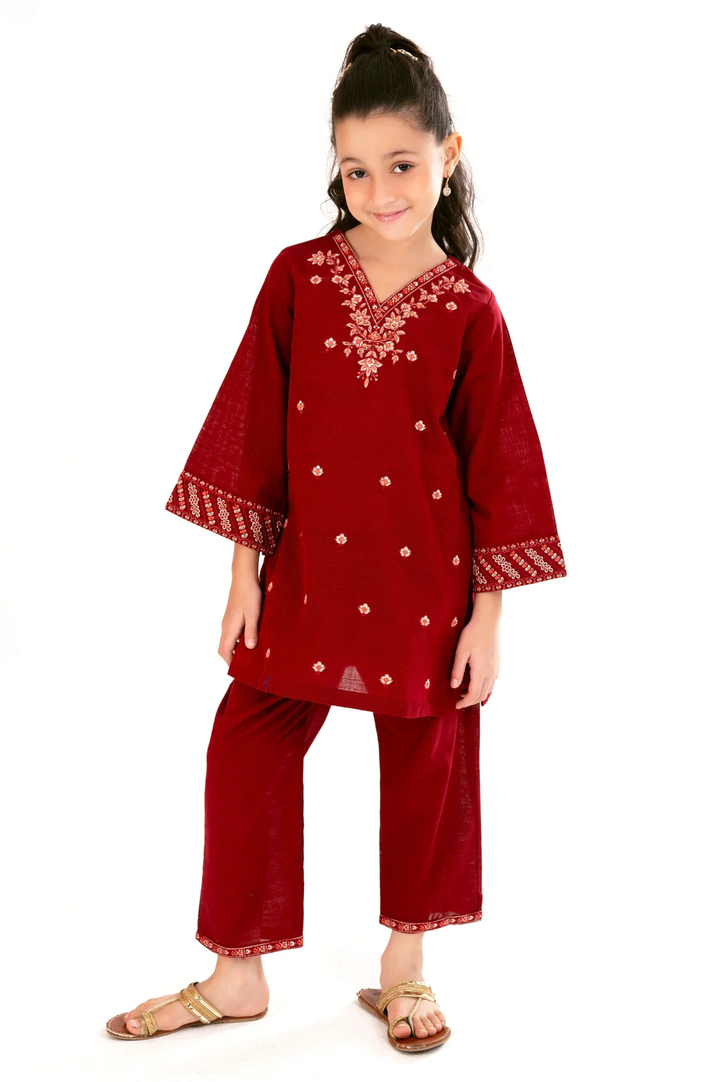 Embroidered Khaddar-Red Girls 2PC - Image 2