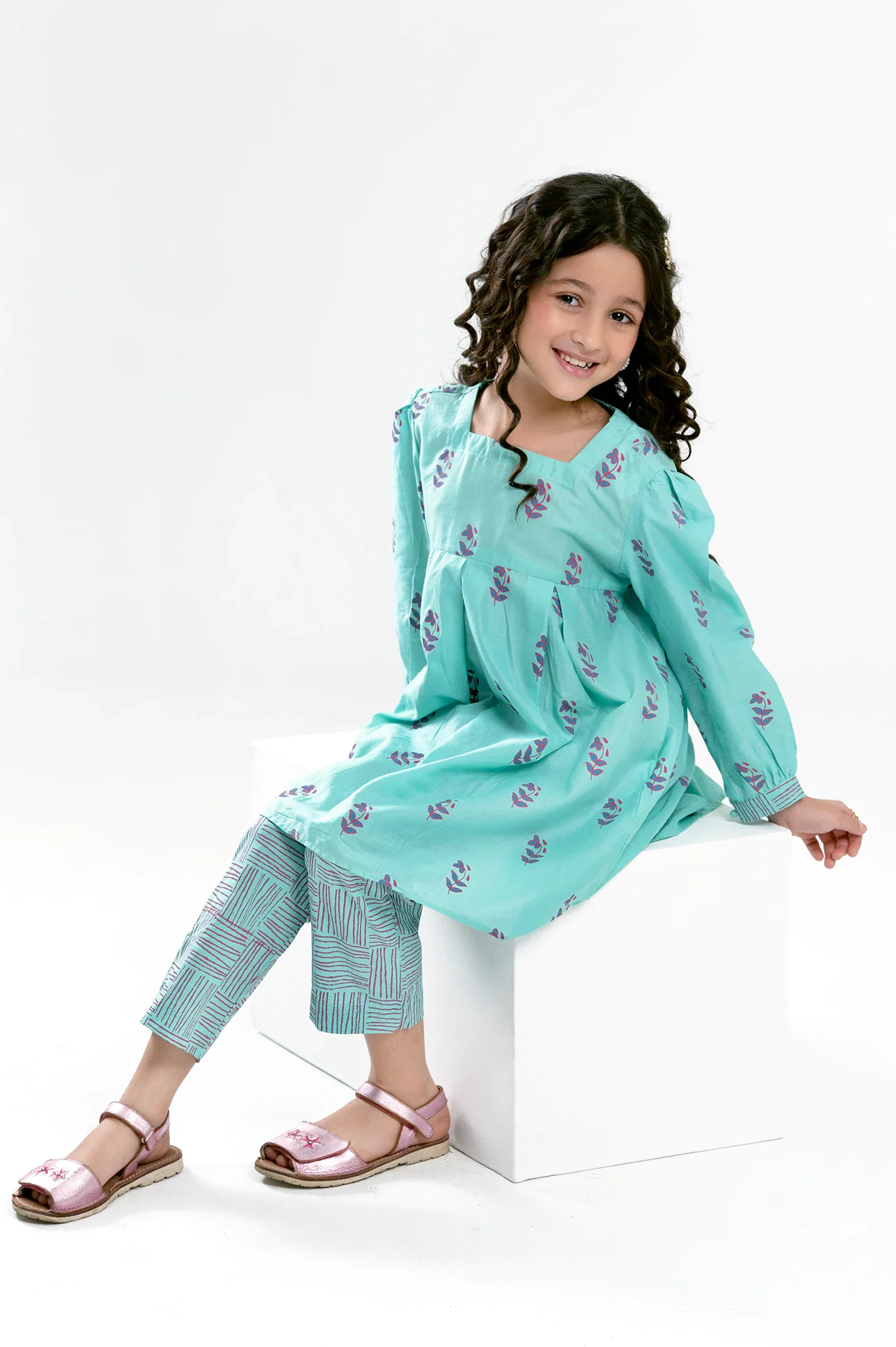 Sea Green Printed Girls 2PC