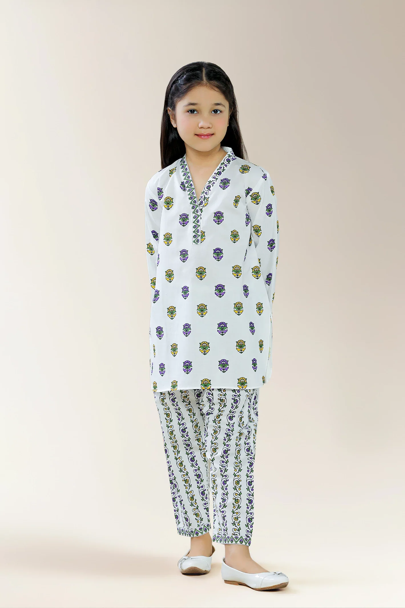 Printed Cambric White Girls 2PC