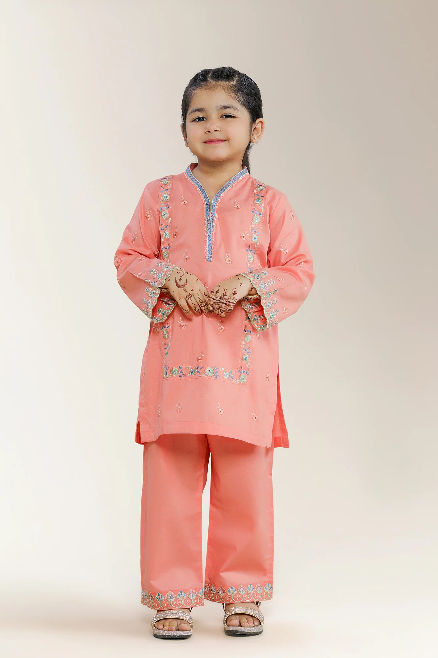 Embroidered Cambric Peach Girls 2PC