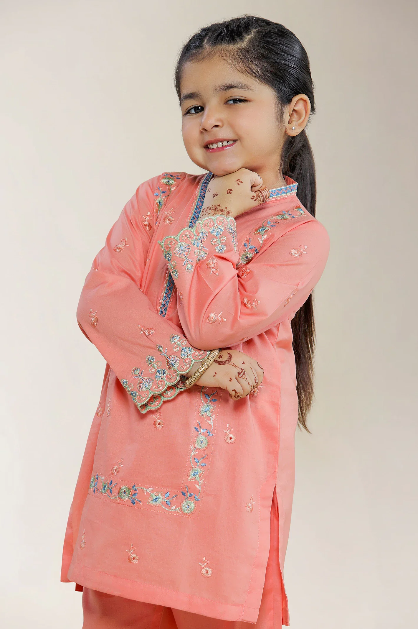 Embroidered Cambric Peach Girls 2PC - Image 2