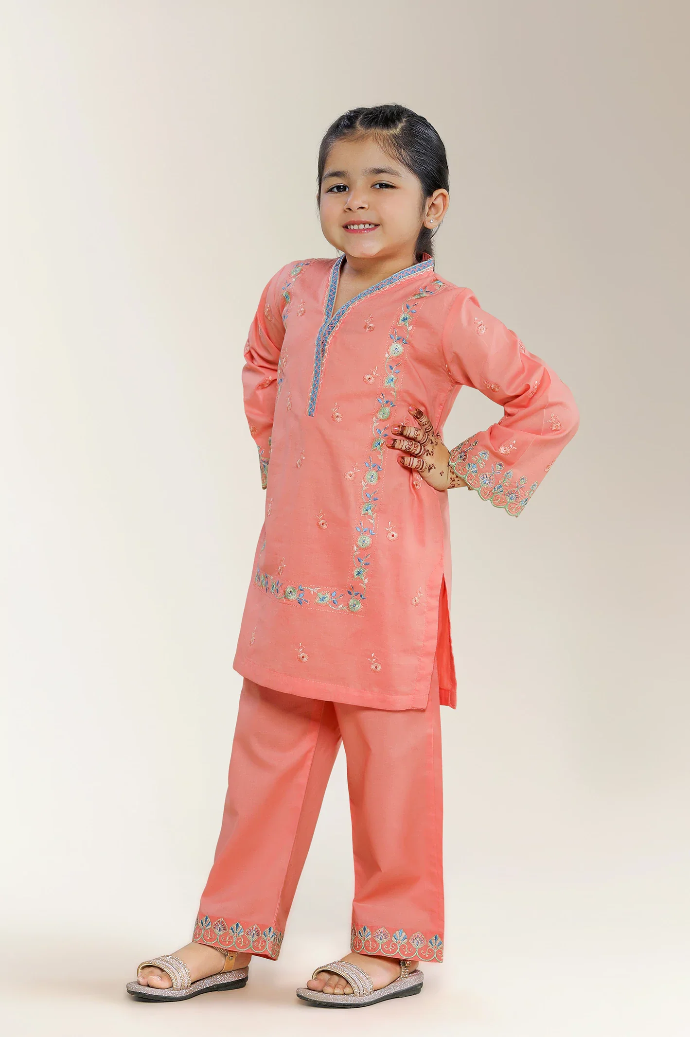 Embroidered Cambric Peach Girls 2PC - Image 4