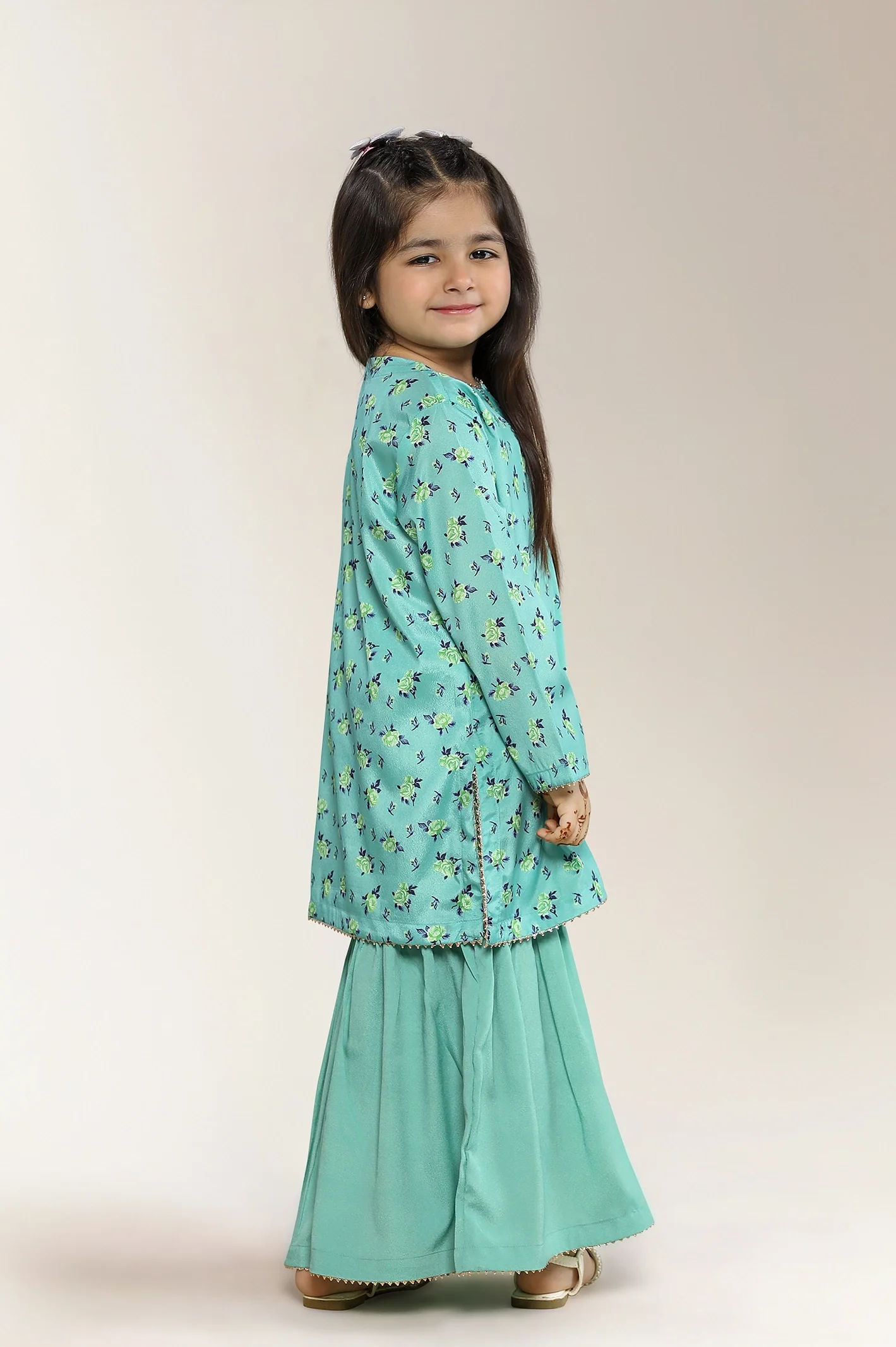 Printed Silk Green Girls 2PC - Image 4