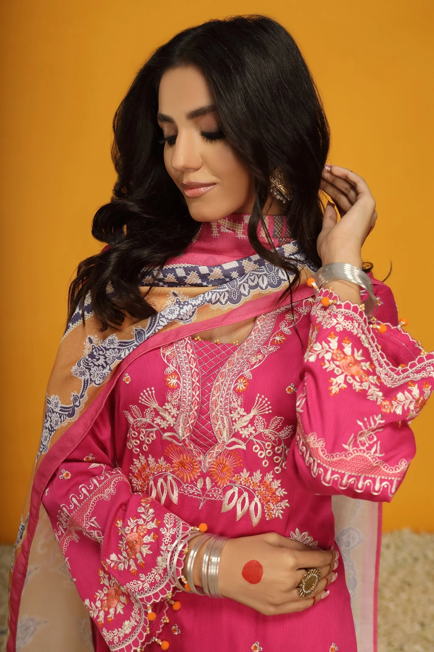 3PC Pink Unstitched Embroidered Suit