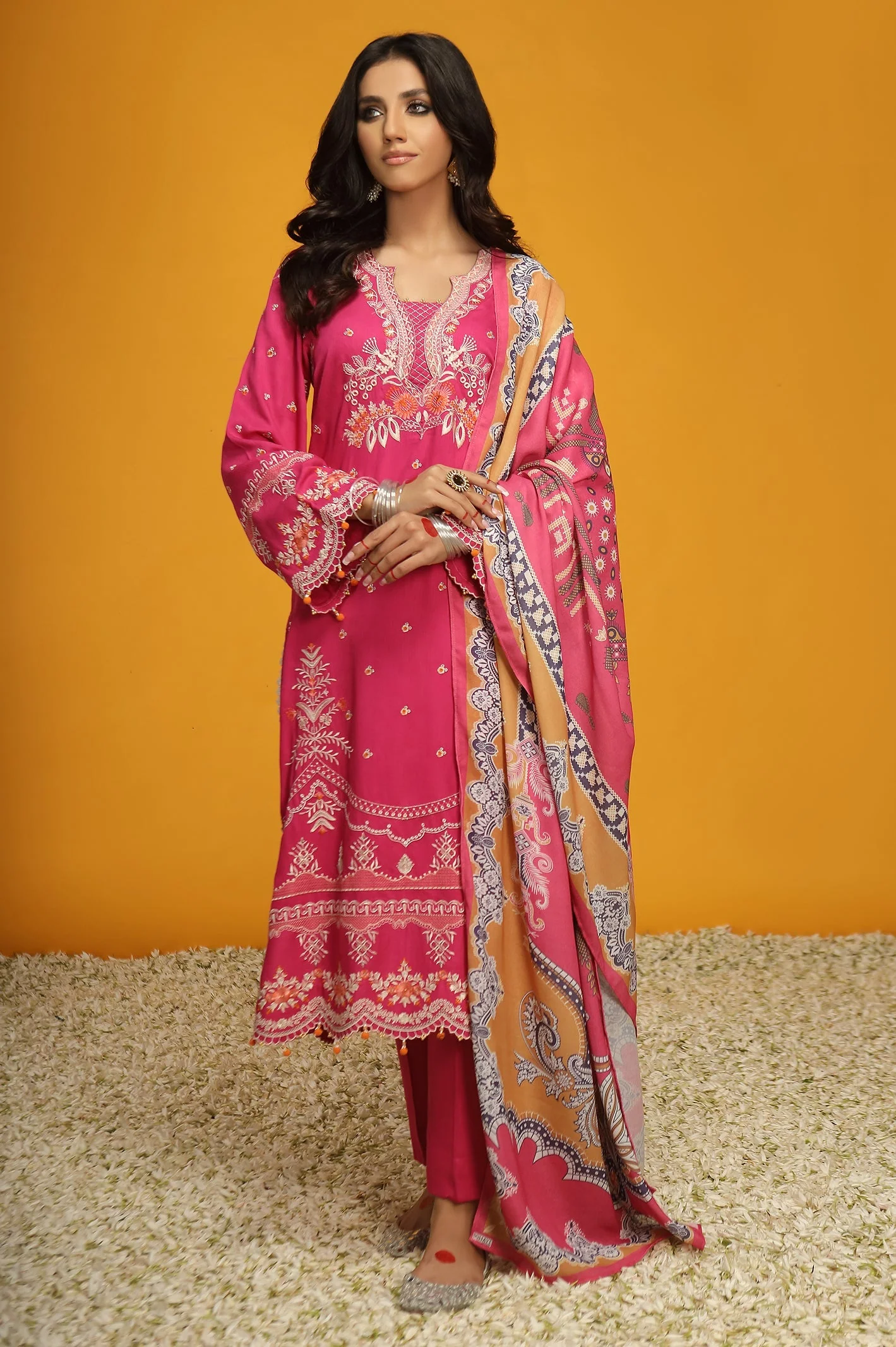 3PC Pink Unstitched Embroidered Suit - Image 2