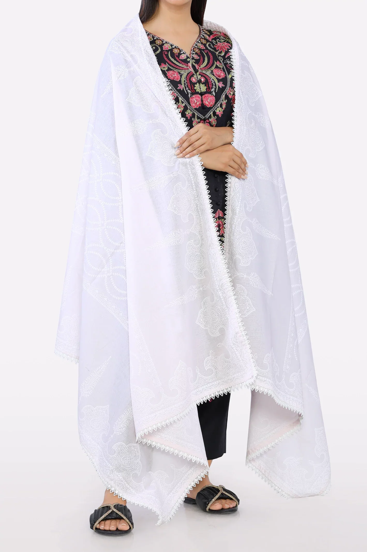 Women Cambric White Printed Dupatta