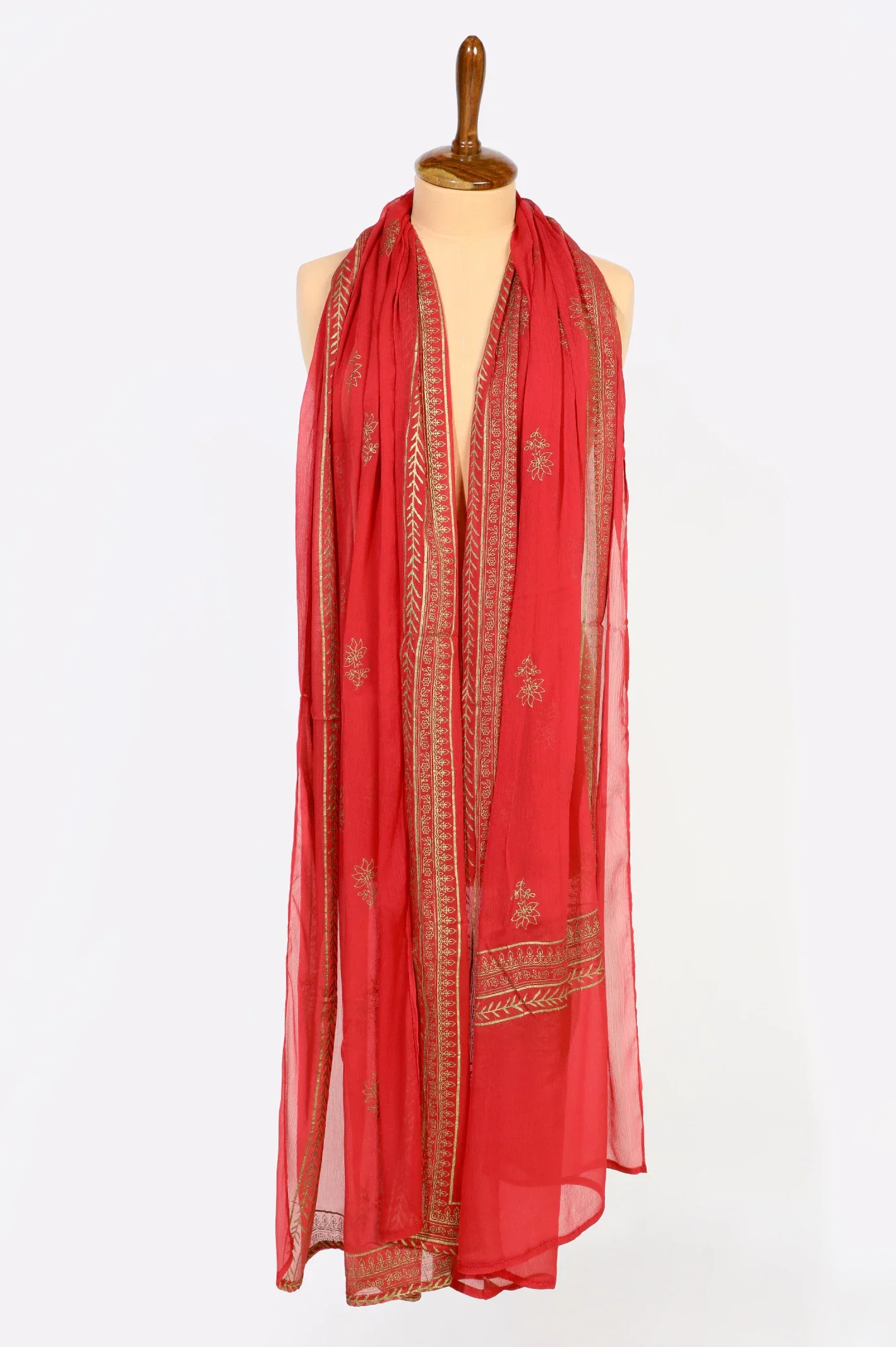 Zari Organza Red Printed Dupatta