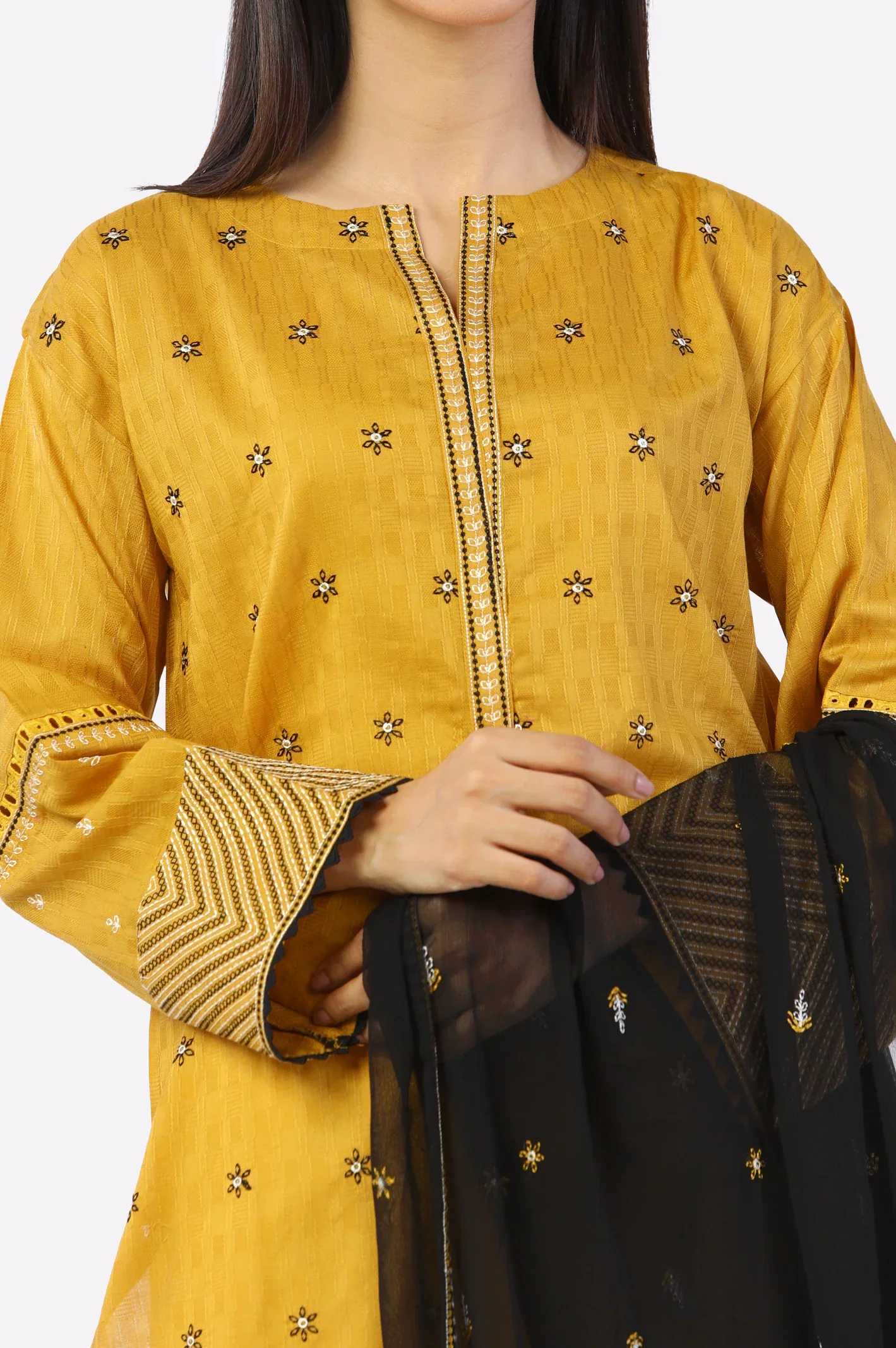 Mustard Embroidered Kurti With Dupatta - Image 2