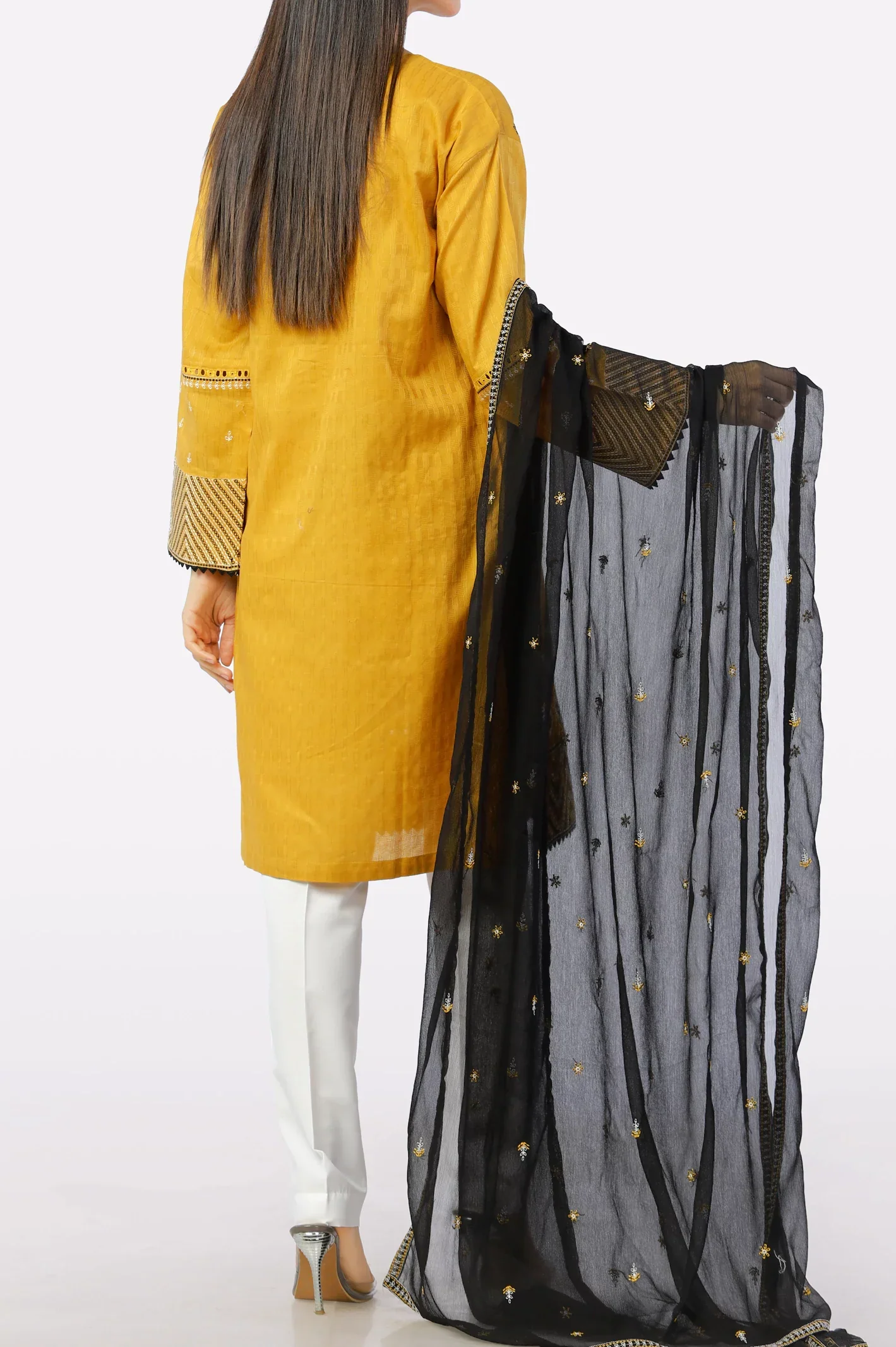 Mustard Embroidered Kurti With Dupatta - Image 3