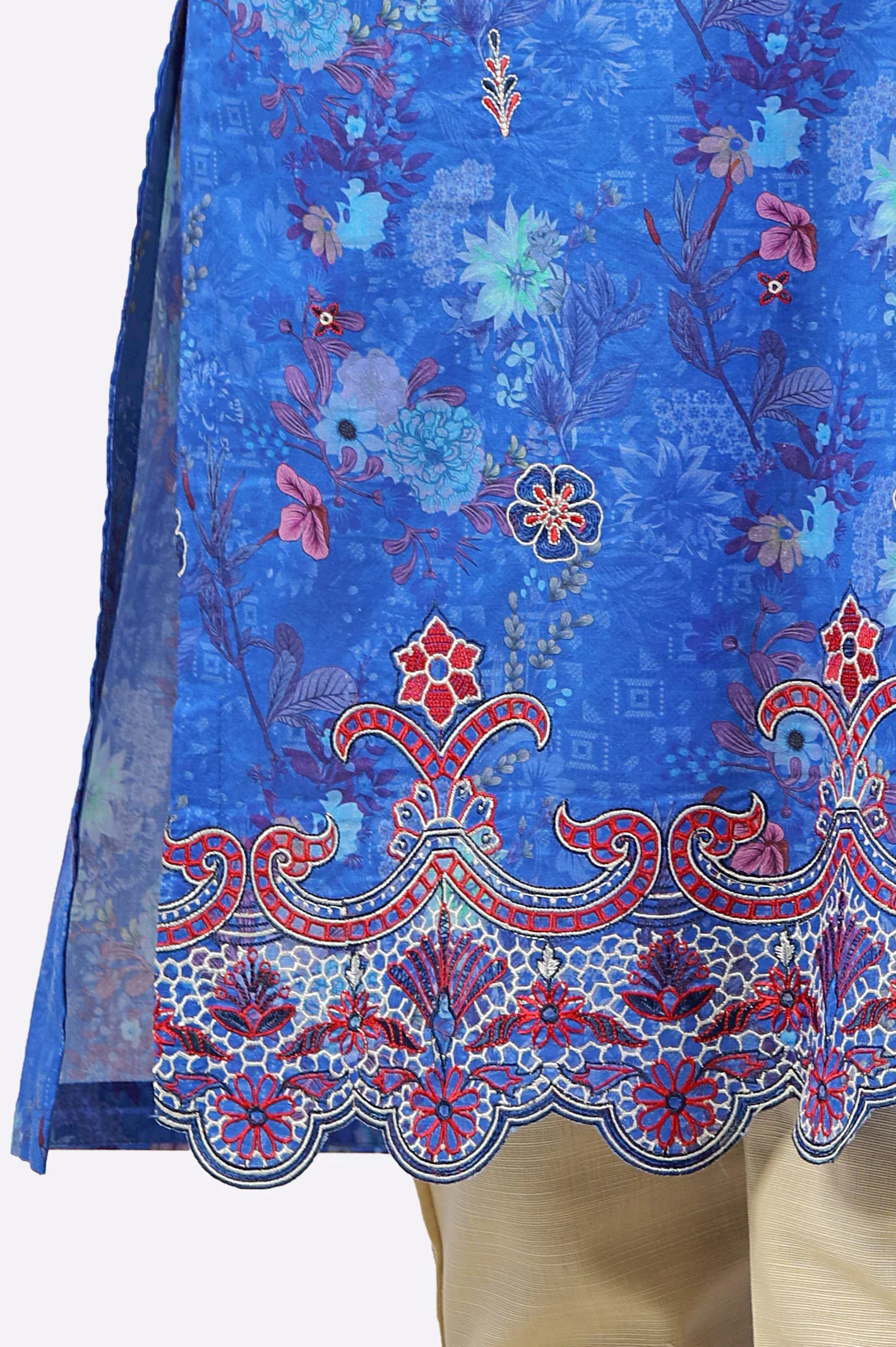 Blue Printed Embroidered Kurti With Dupatta - Image 3