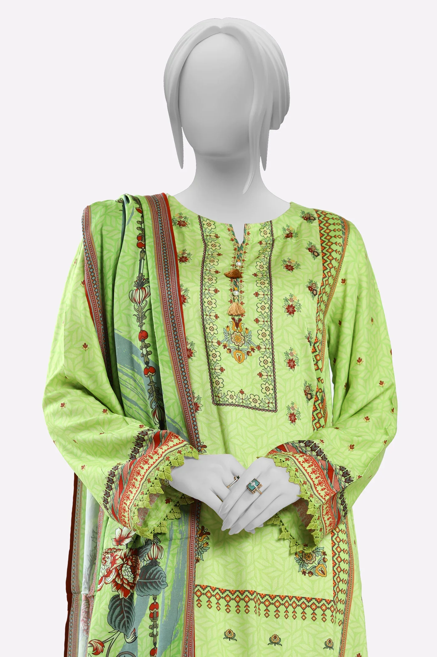 Green Printed Kurti With Dupatta - Image 2