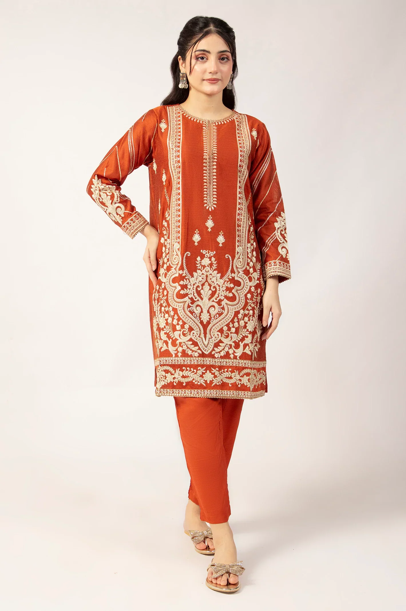 Khaddi Net Rust Embroidered 2PC