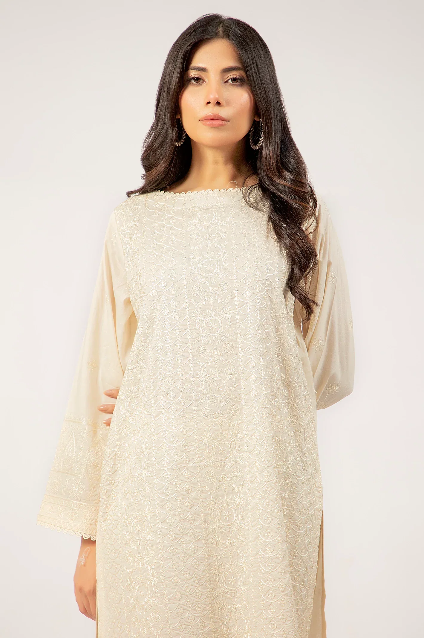 Embroidered Cambric-Beige 2PC - Image 2