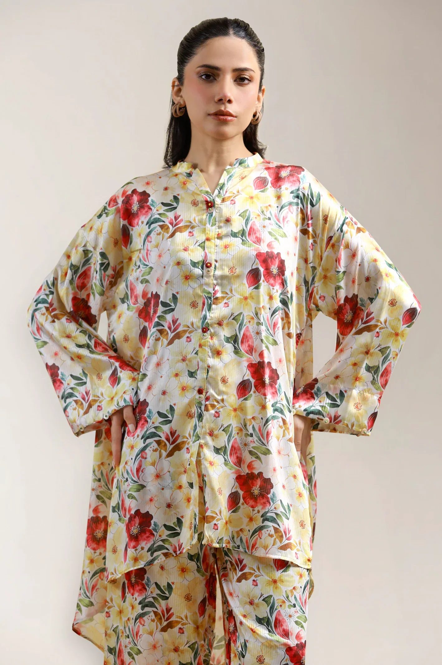 Printed Road Line Silk-Beige 2PC - Image 2