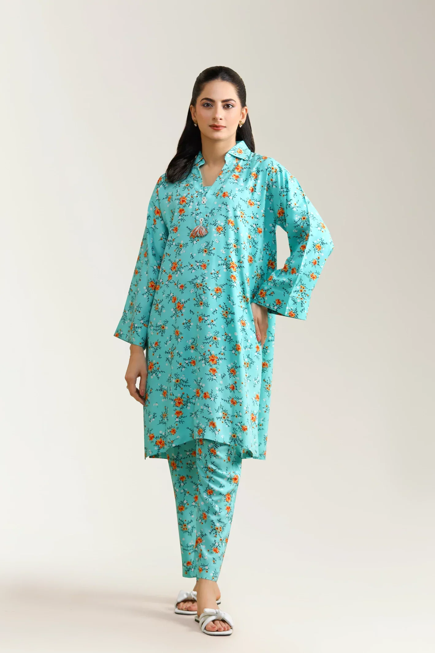 Printed Viscose Linen-Teal 2PC