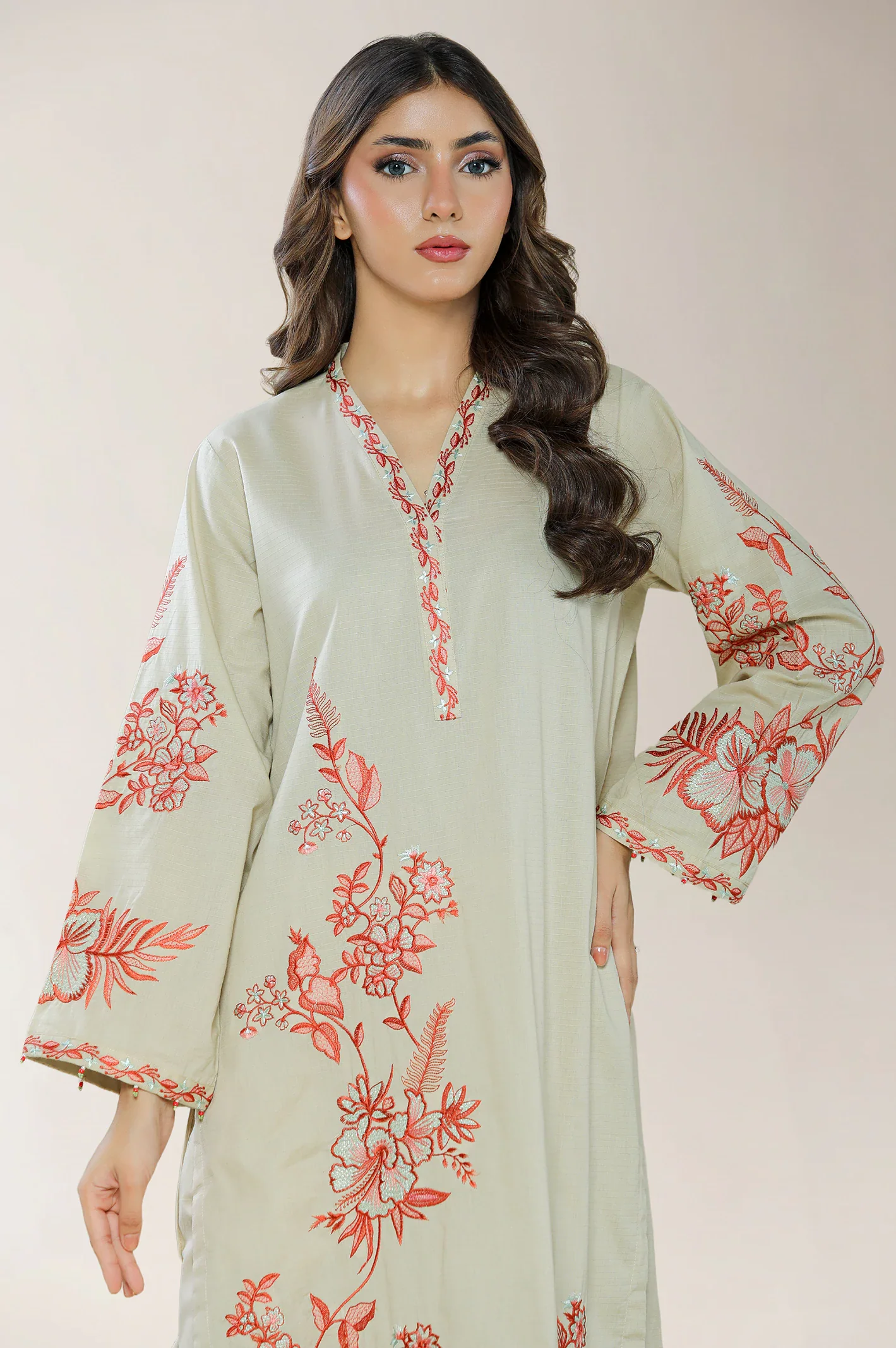 Embroidered Cotton Beige 2PC - Image 2