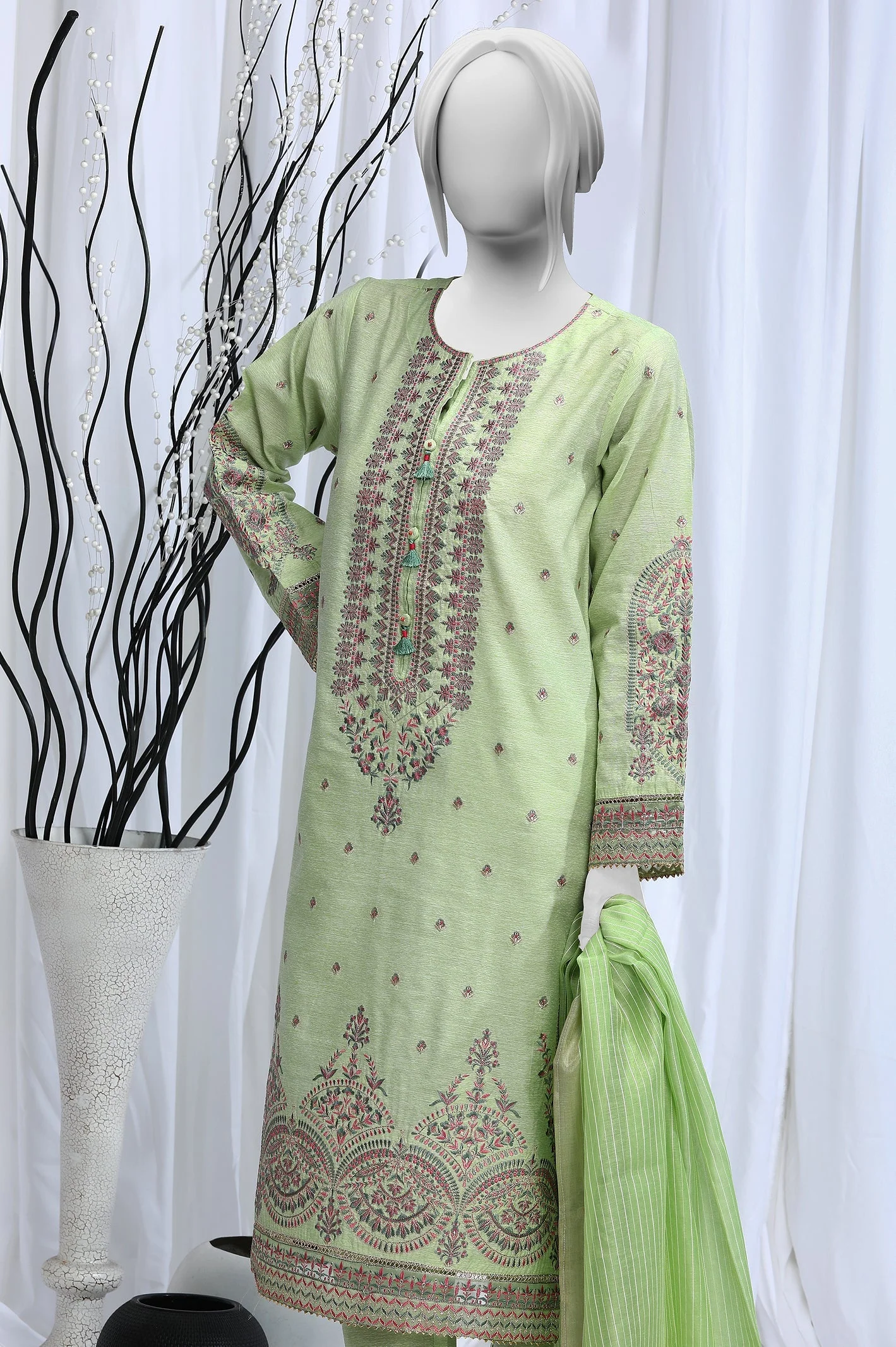 3PC Paper Cotton Light Green Suit - Image 2