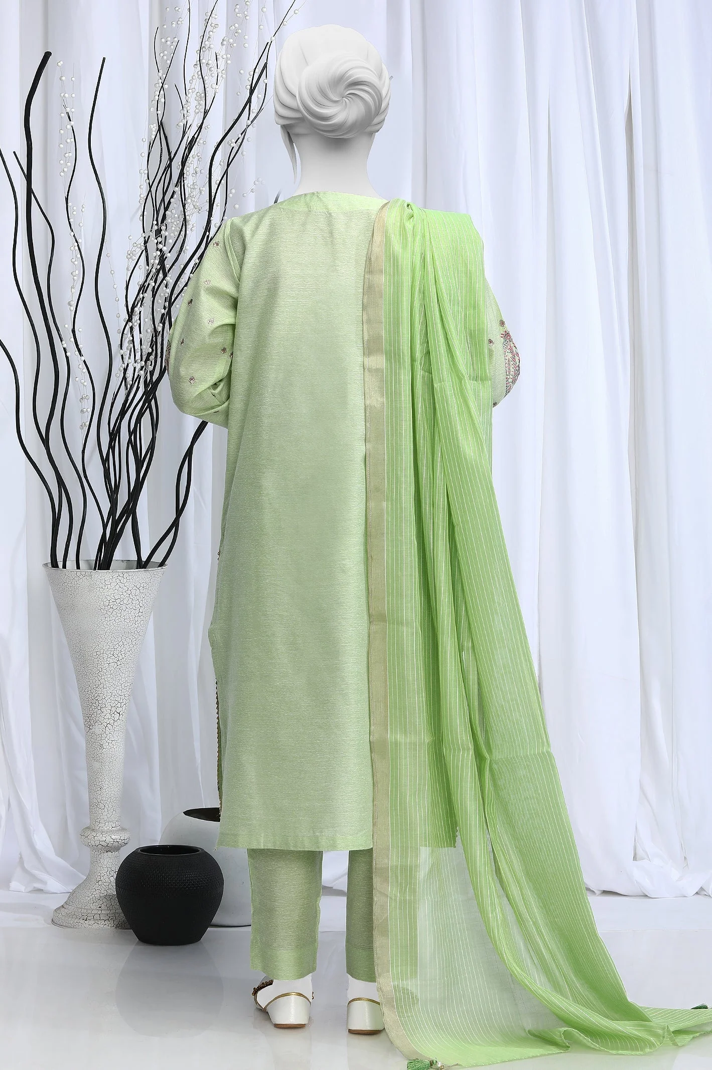 3PC Paper Cotton Light Green Suit - Image 3