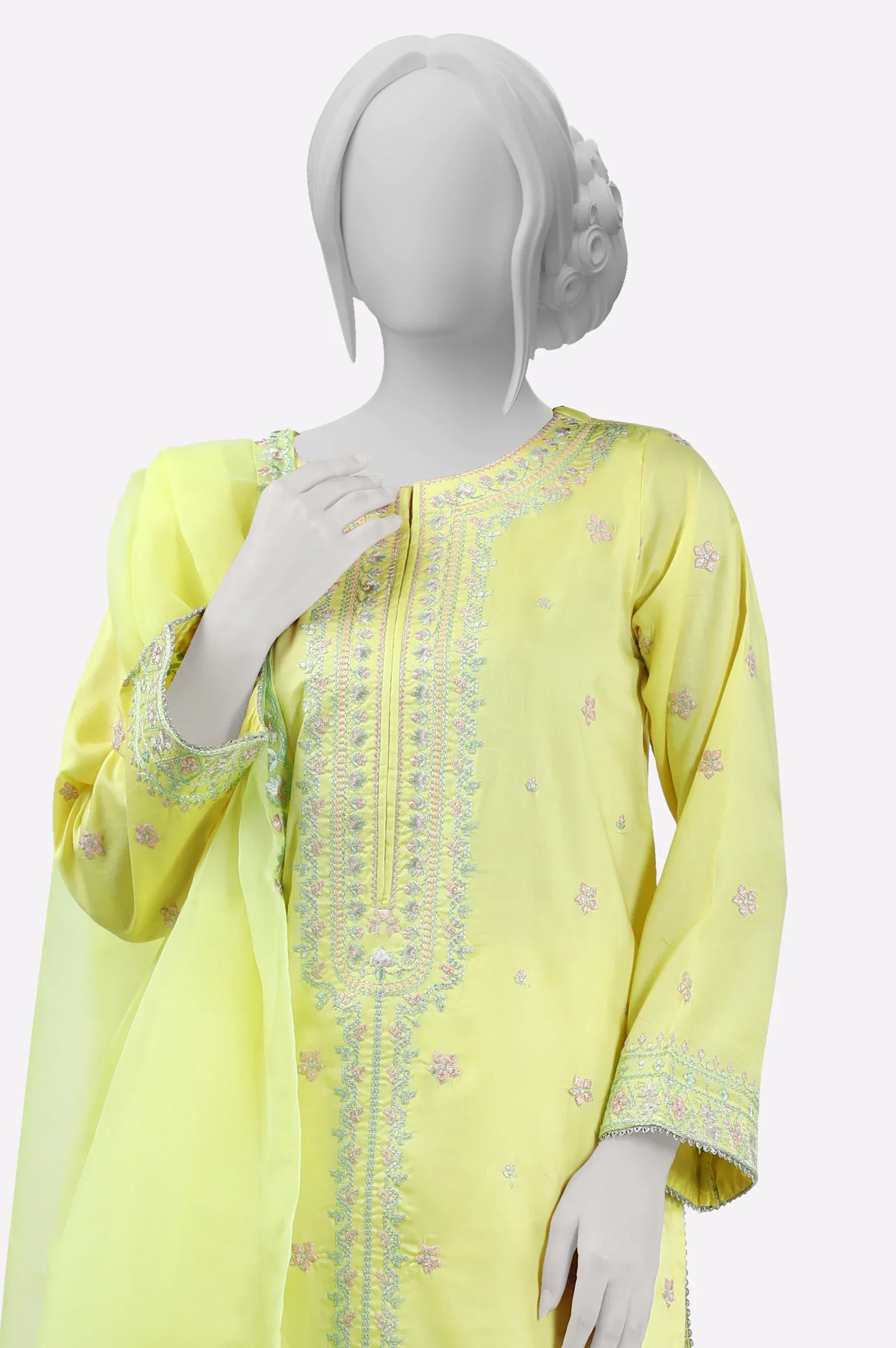 Cotton Satin Yellow Embroidered 3PC - Image 2