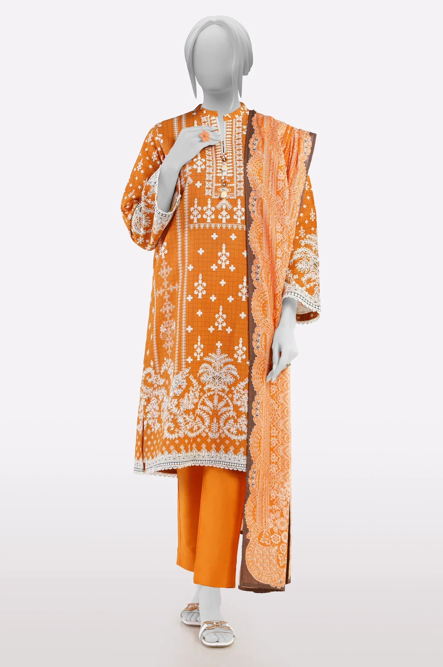 Khaddar Orange Printed 3PC