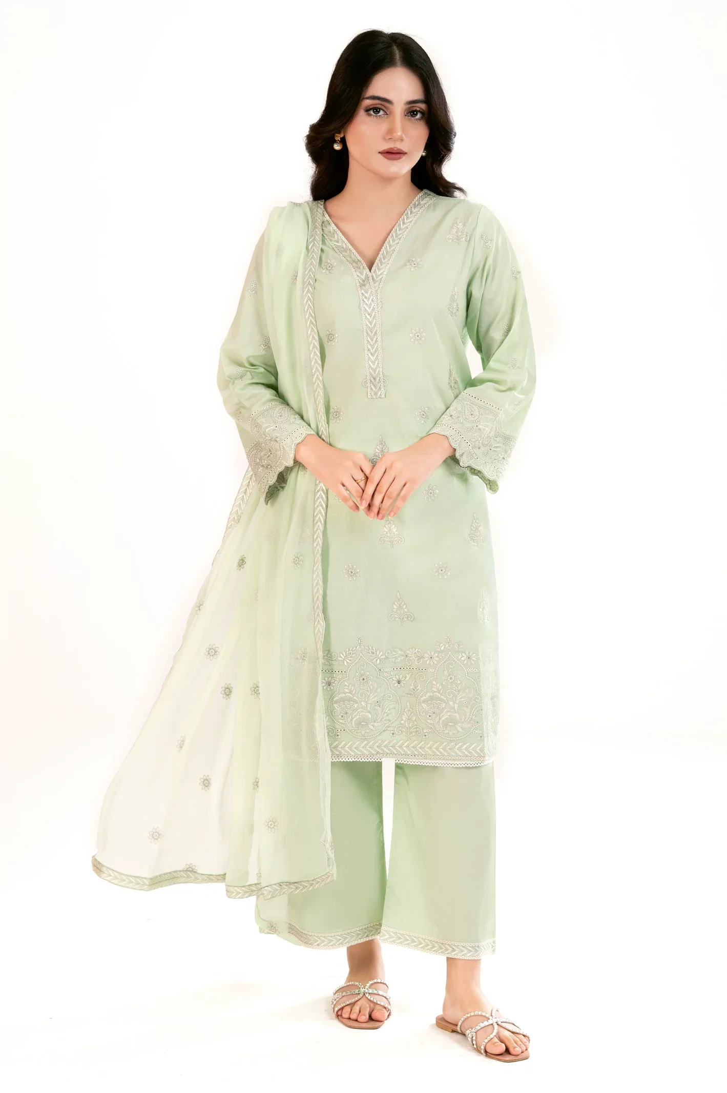 Embroidered Cambric-Green 3PC - Image 2