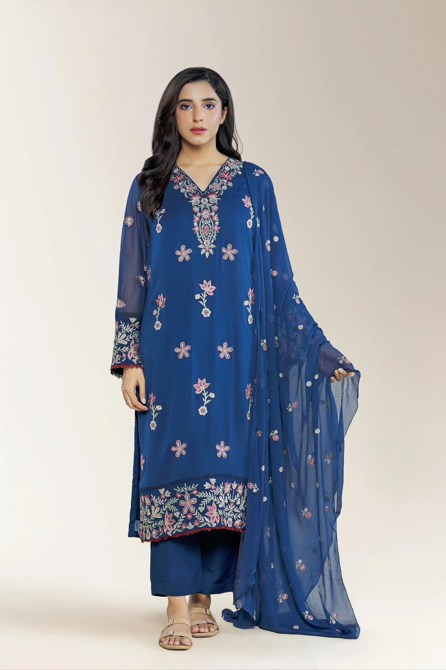 Embroidered Chiffon Blue 3PC - Image 4