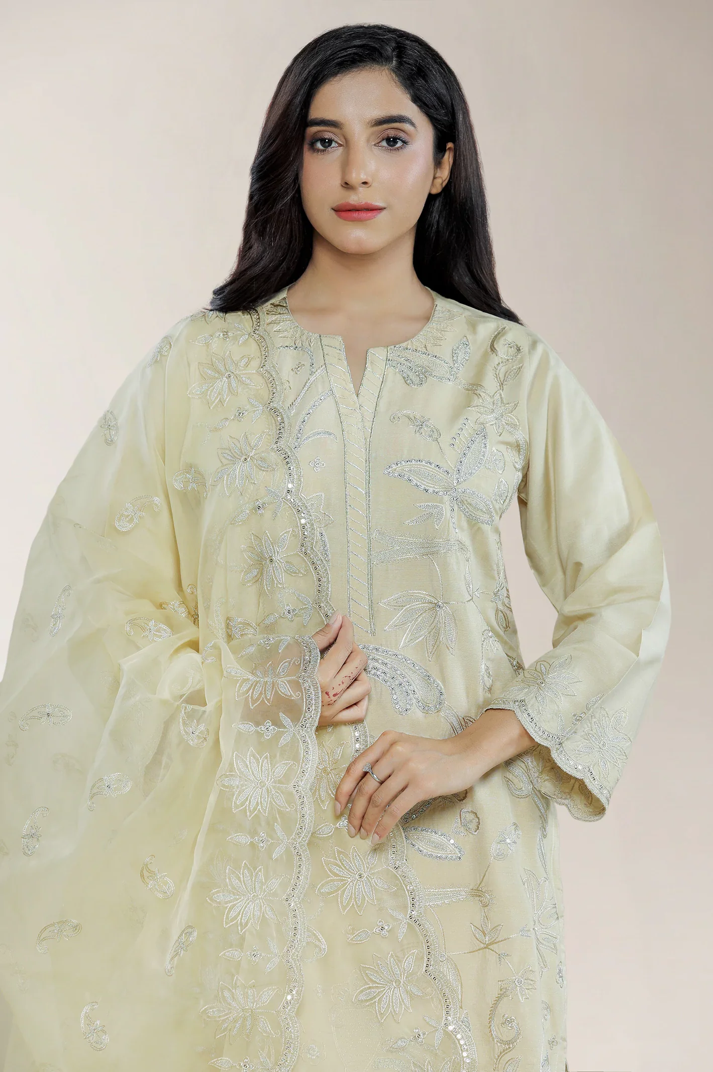 Embroidered Cotton Silk Beige 3PC - Image 2