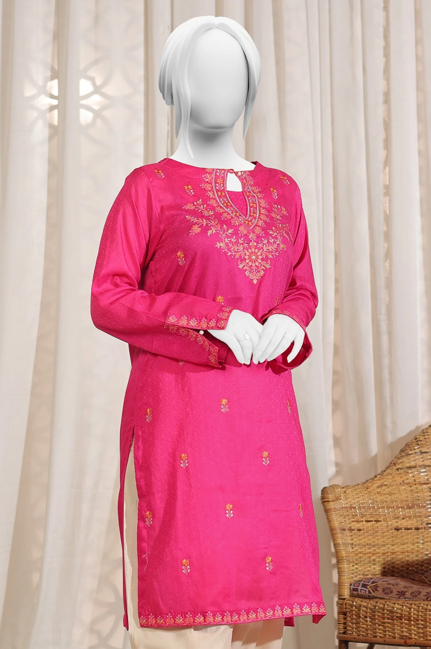 Embroidered Jacquard Pink Kurti