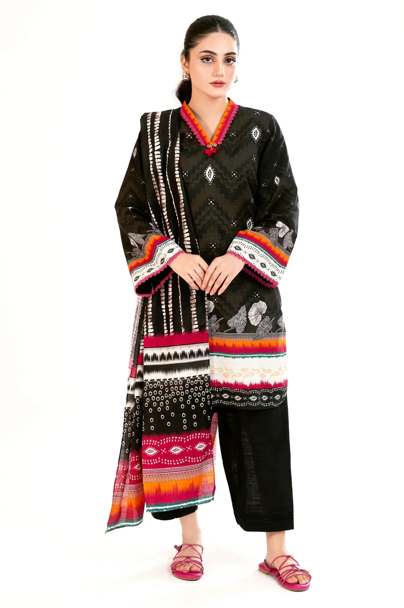 Khaddar Printed Kurti-Black