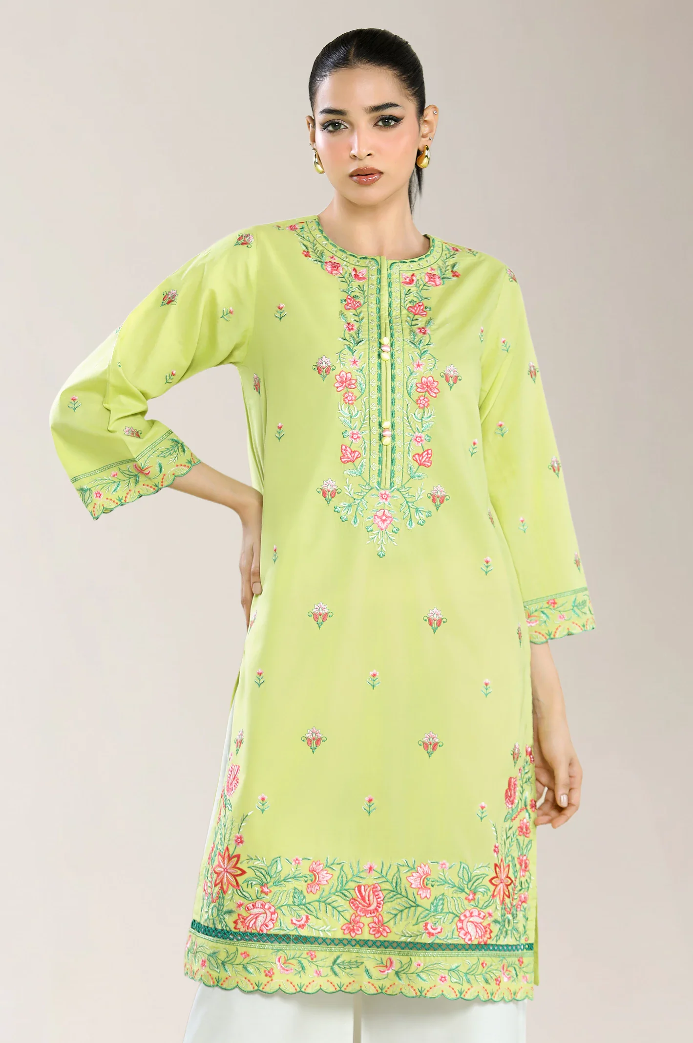 Embroidered Cambric-Parrot Green Shirt - Image 3