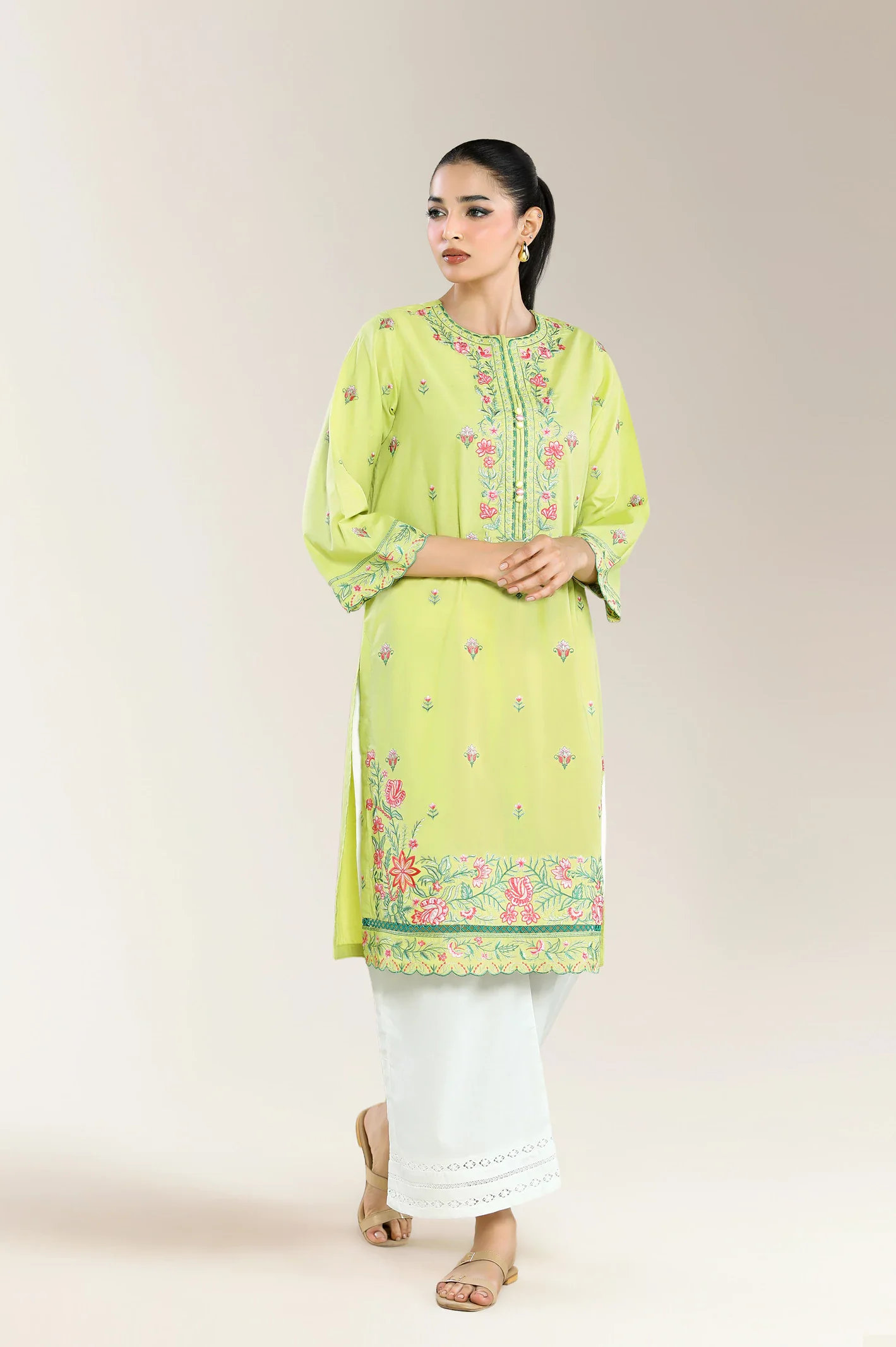 Embroidered Cambric-Parrot Green Shirt - Image 4
