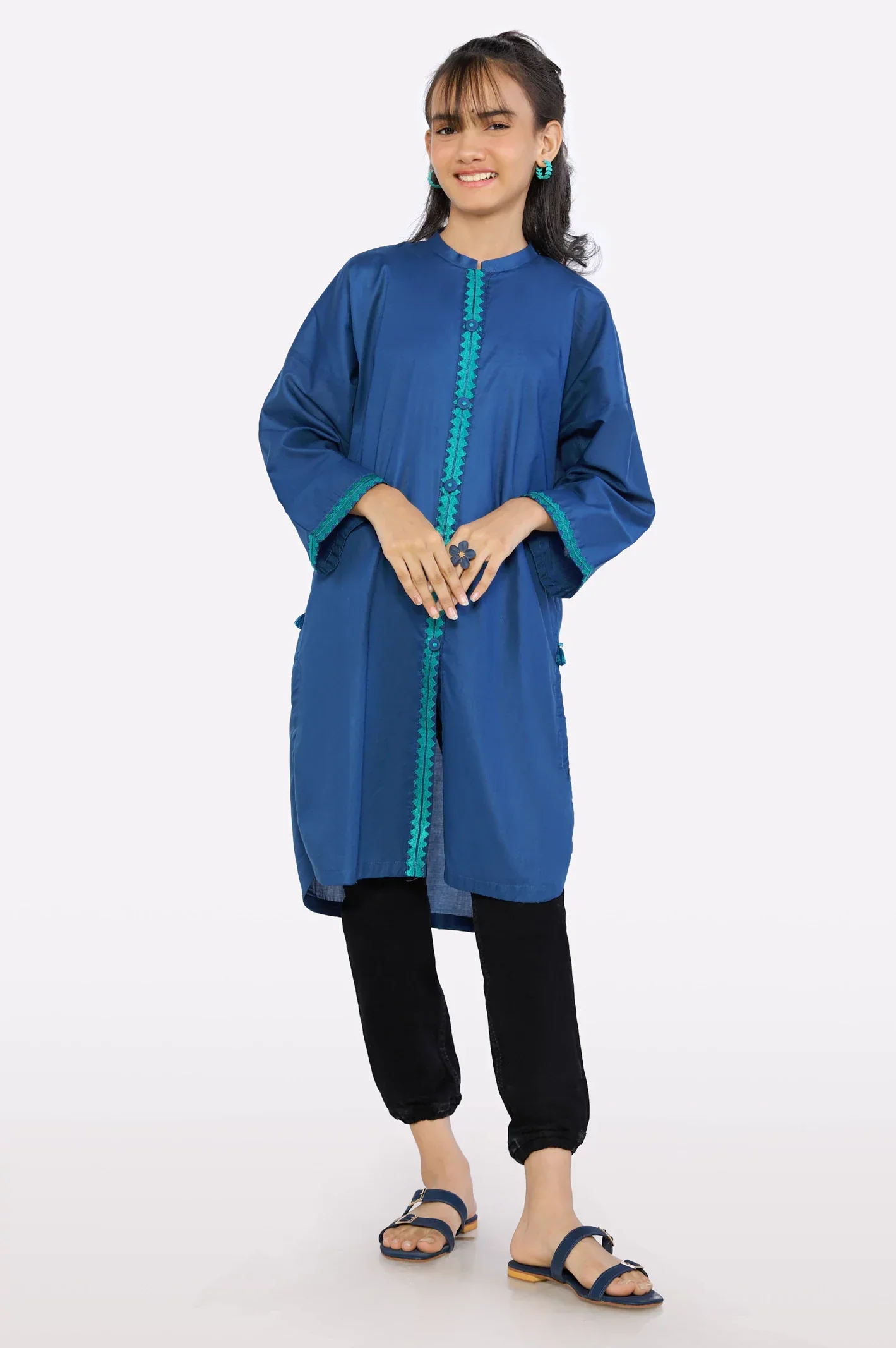 Navy Blue Embroidered Teens Kurti - Image 2