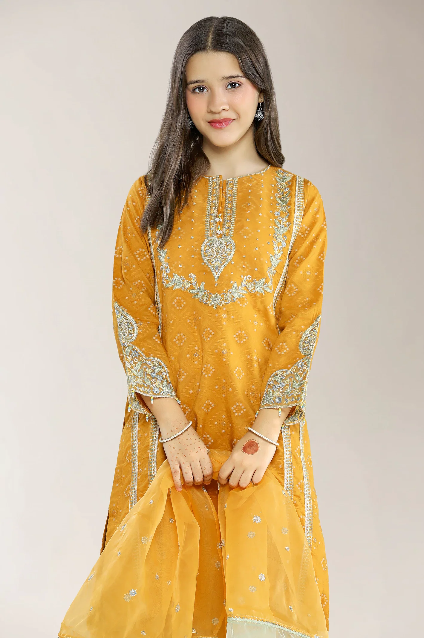 Embroidered Jacquard Mustard Teens 3PC - Image 2