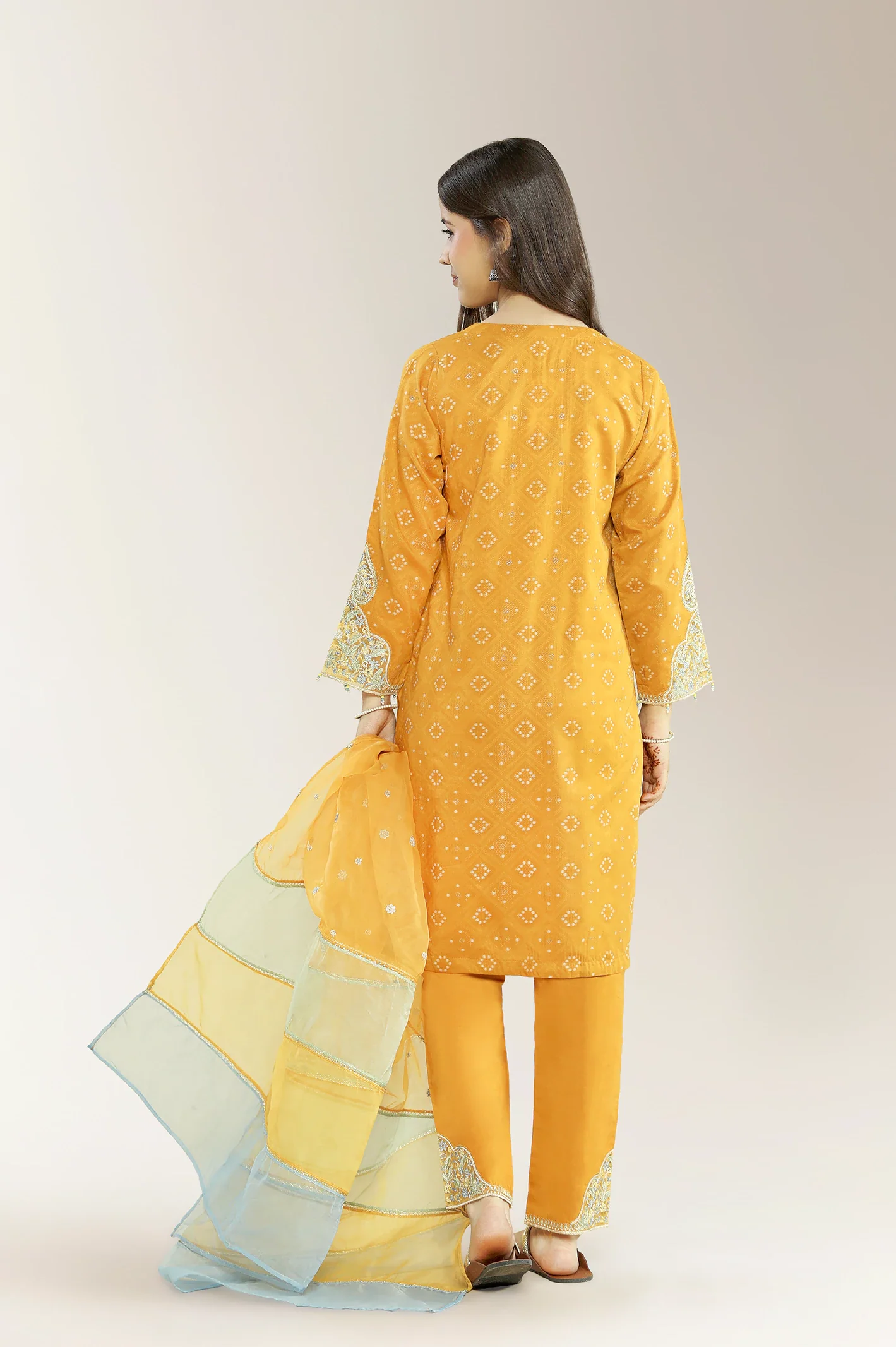 Embroidered Jacquard Mustard Teens 3PC - Image 3