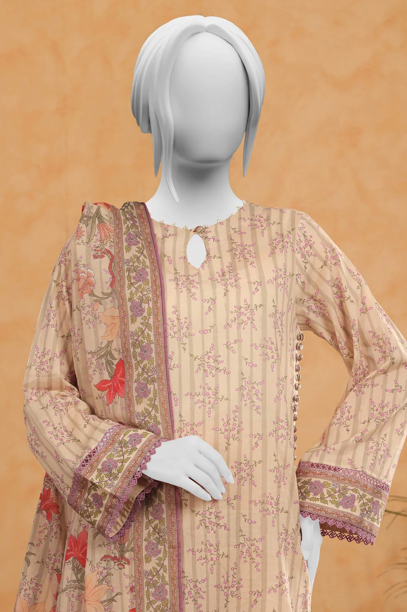 Cream Printed 3PC Unstitched Suit - Image 2