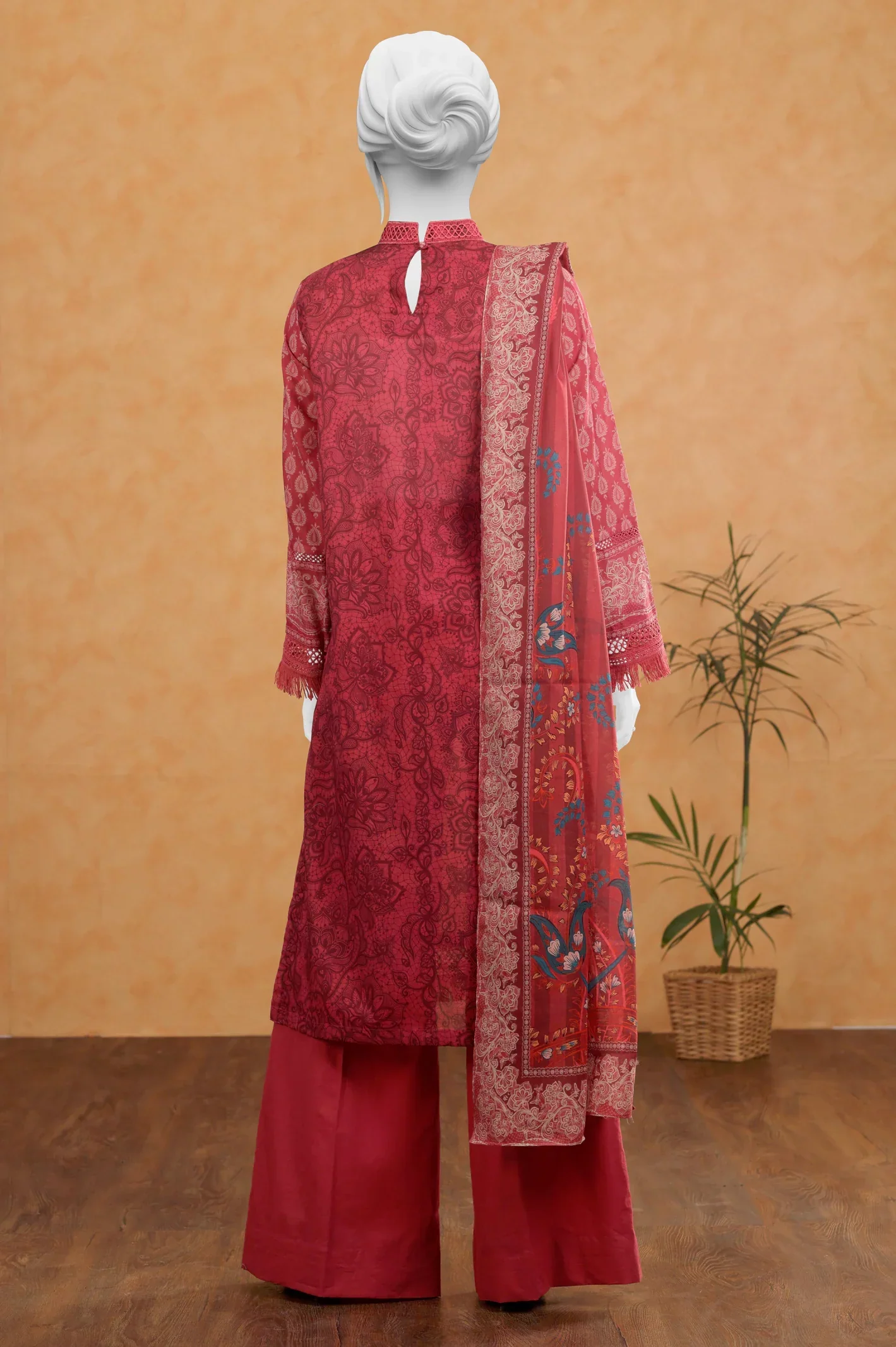 Red Printed 3PC Unstitched - Image 3