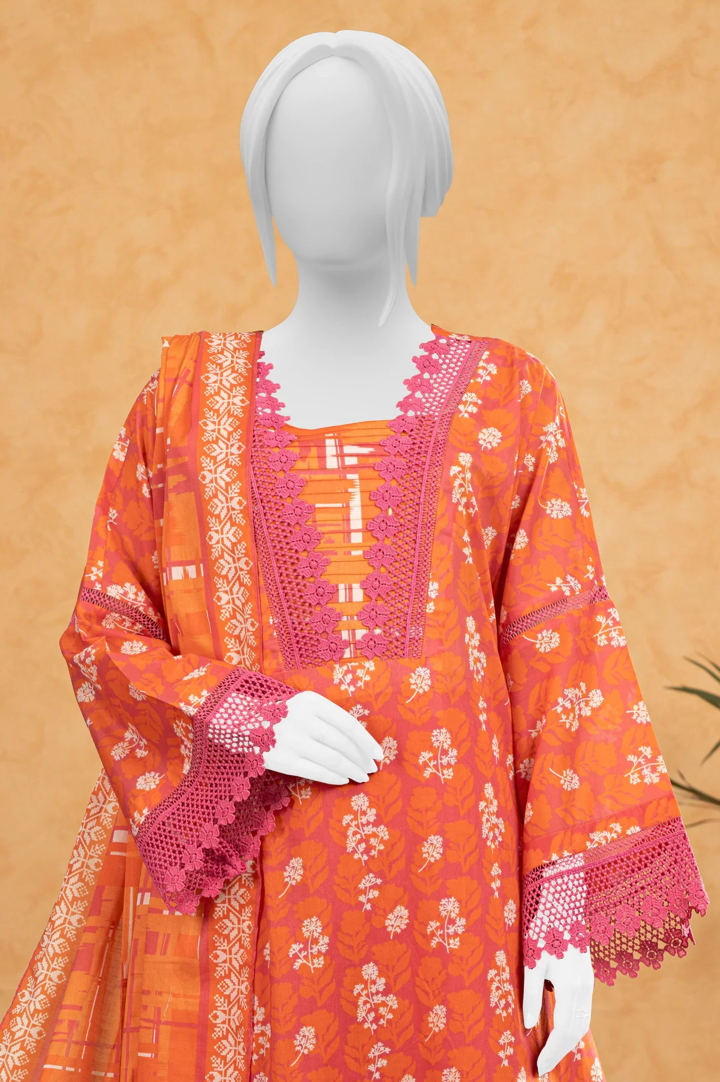 Orange Printed 3PC Unstitched - Image 2