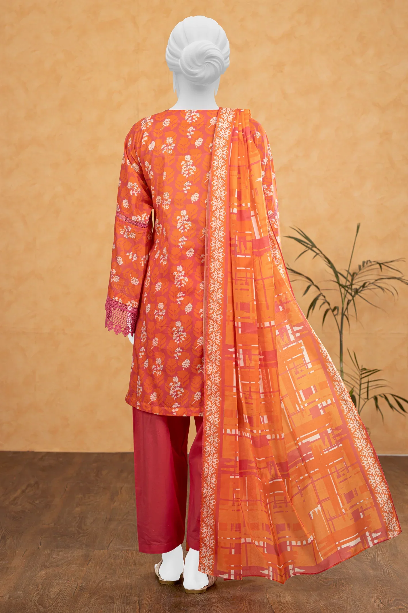 Orange Printed 3PC Unstitched - Image 3