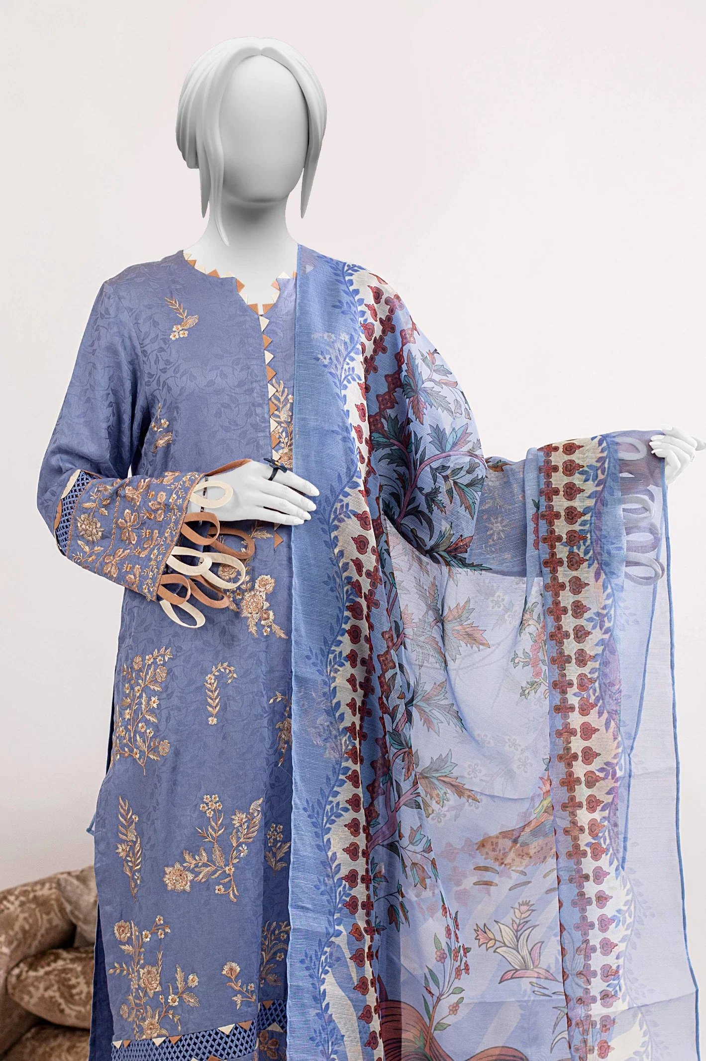 Blue Embroidered 3PC Unstitched - Image 4