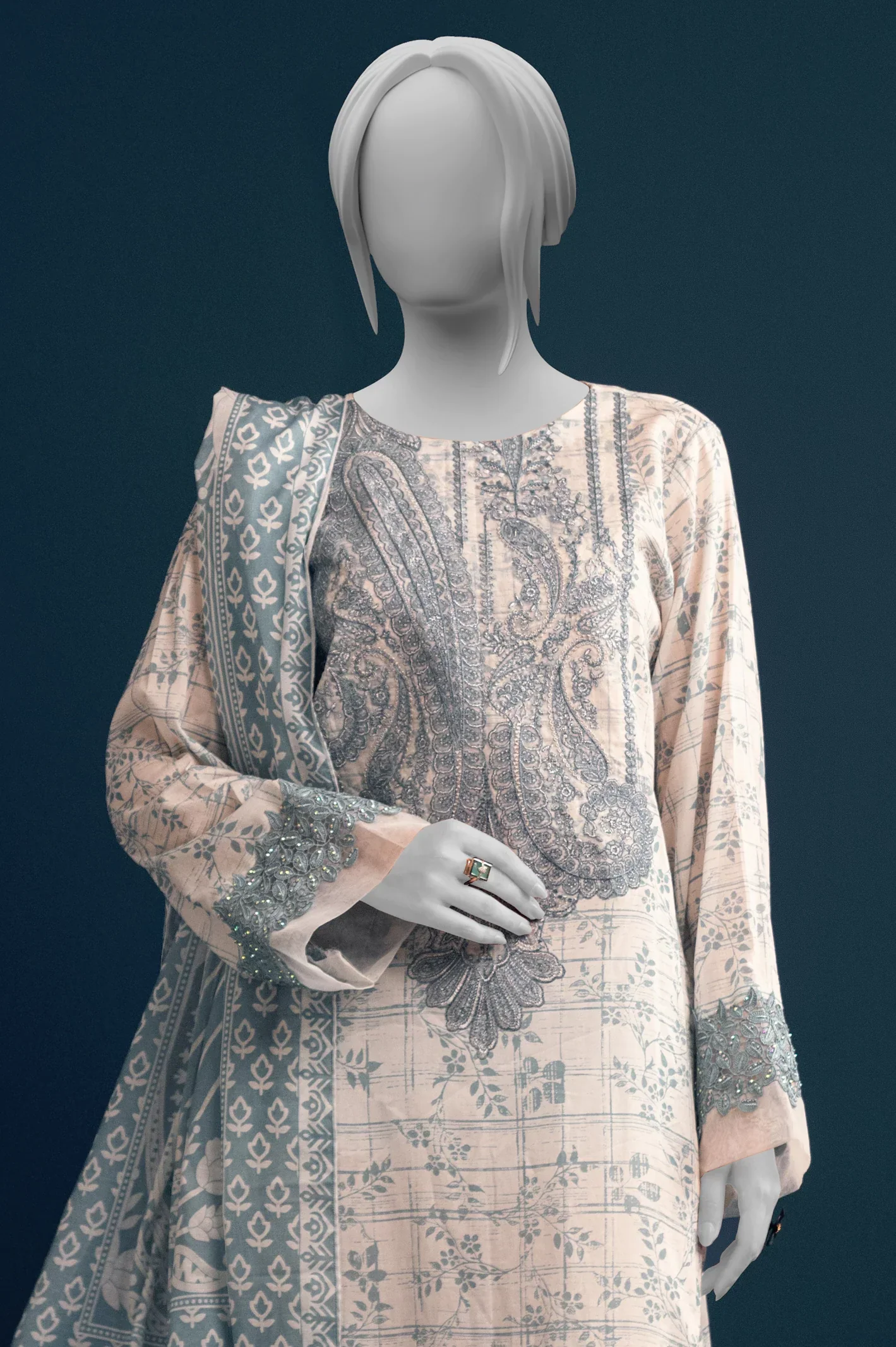 Off White Embroidered 3PC Unstitched - Image 2