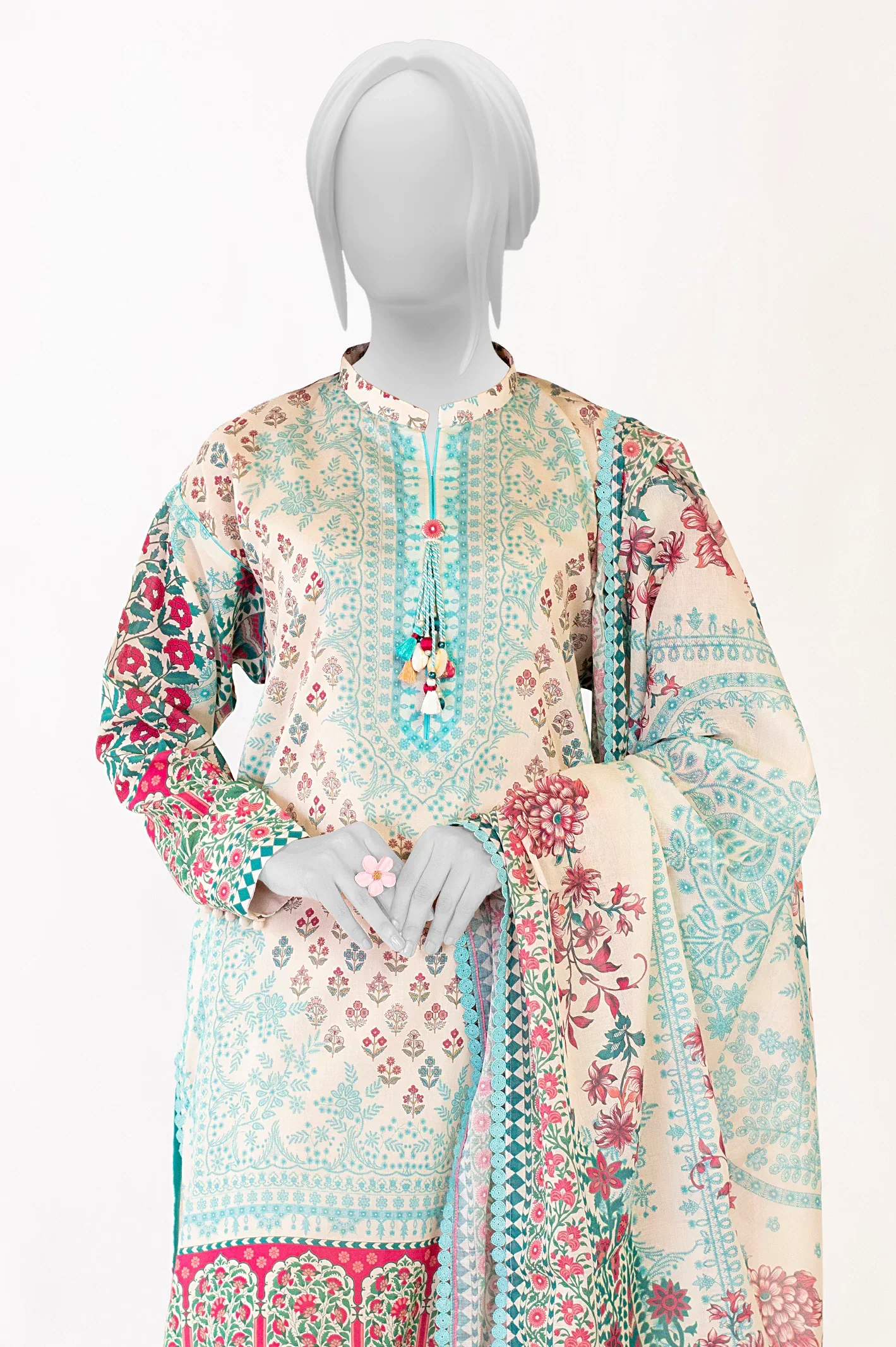 Light Beige Printed 3PC Unstitched - Image 2