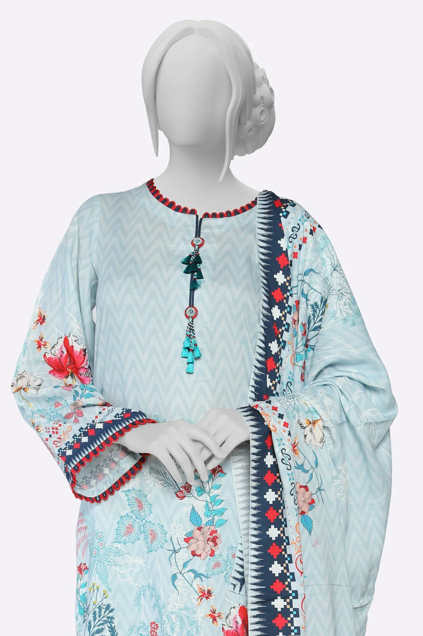 Light Blue Printed Unstitched 3PC - Image 2